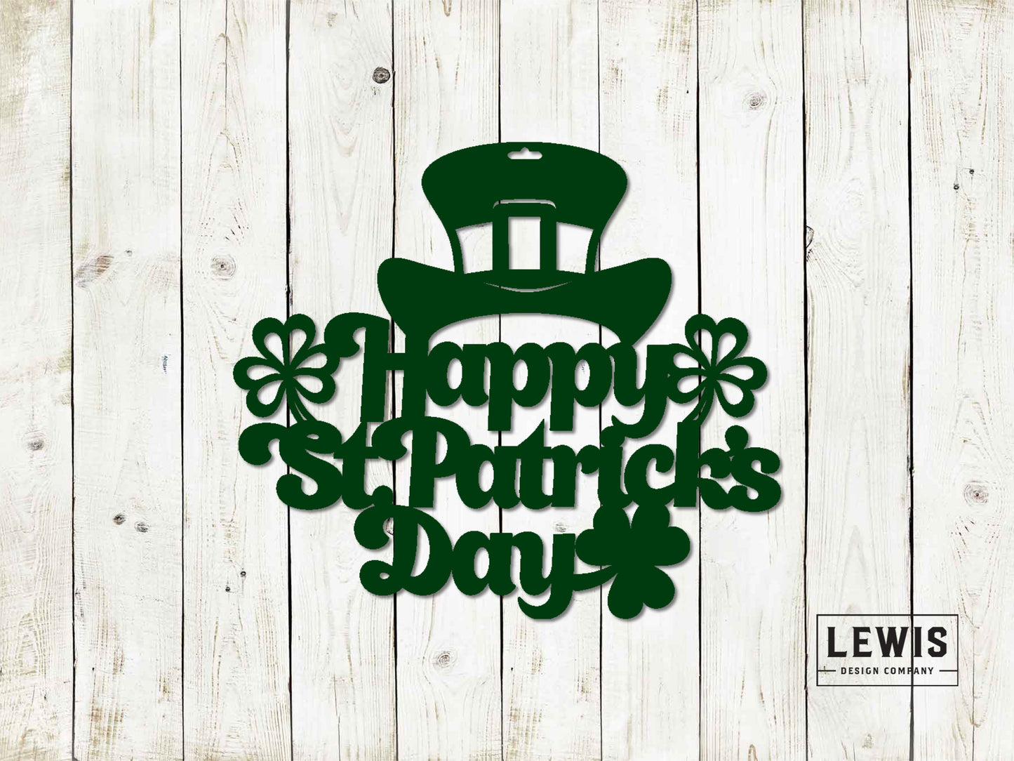 Green metal 'Happy St. Patrick's Day' sign with a large shamrock, against a white wooden background.