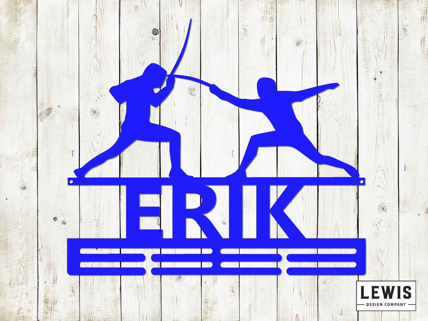 Fencing Duel Custom Name Medal Hanger Monogram - 12 Rungs for medals & Ribbons, Medal Display, Sports Medals, Kids Room Decor, Fencing