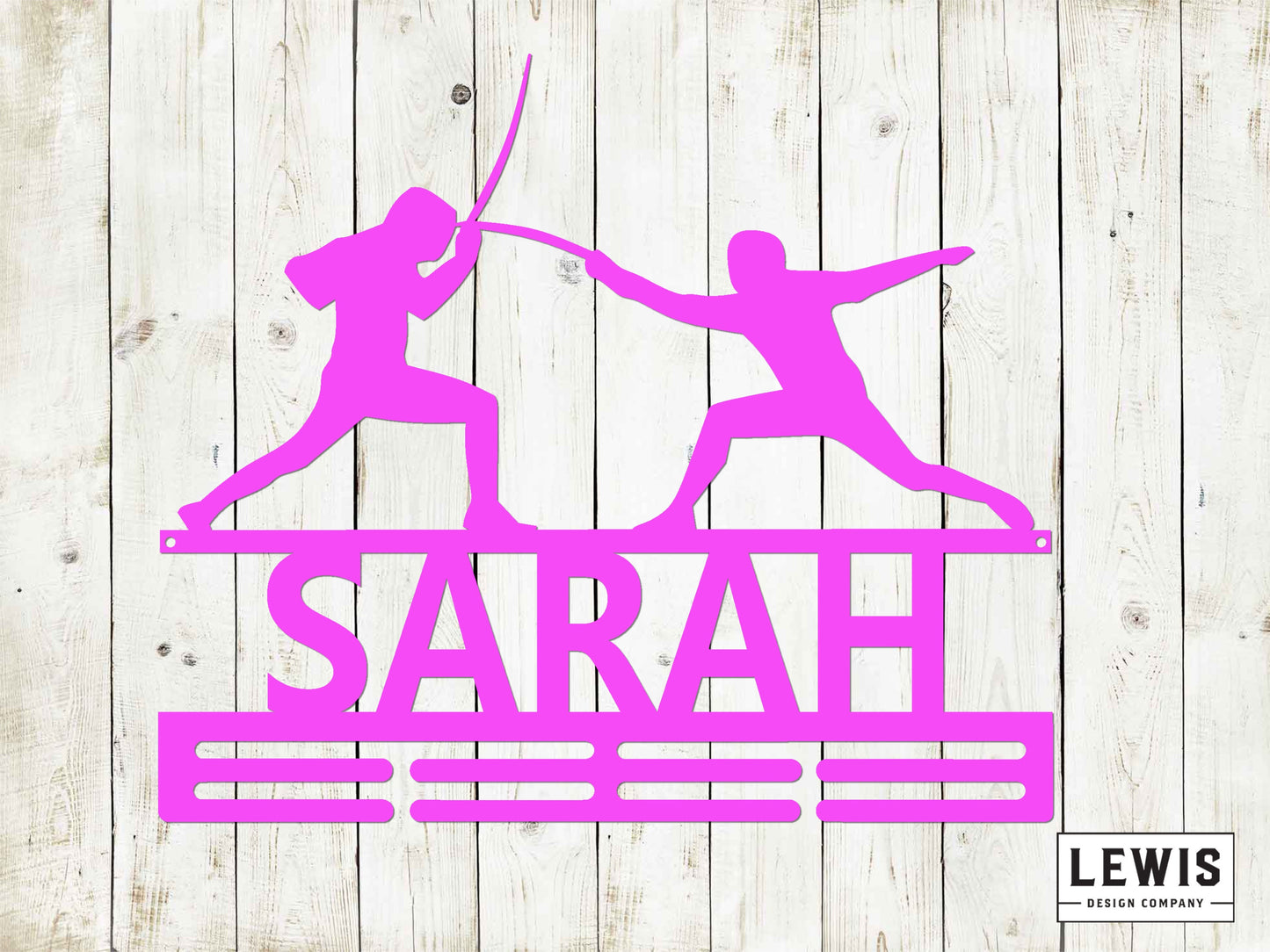 Fencing Duel Custom Name Medal Hanger Monogram - 12 Rungs for medals & Ribbons, Medal Display, Sports Medals, Kids Room Decor, Fencing