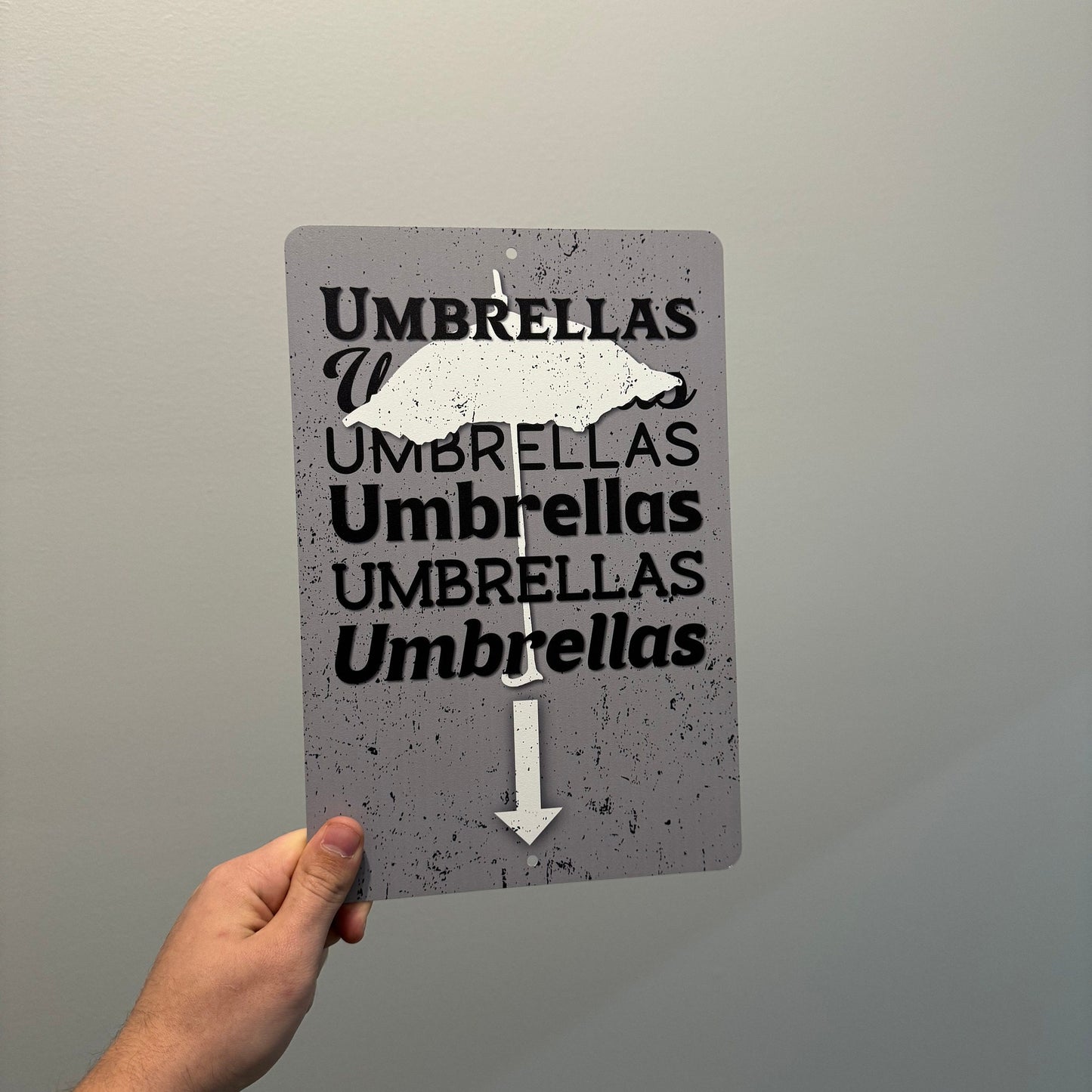 Umbrellas Here Sign, Custom Metal Powder Coated & Printed Sign
