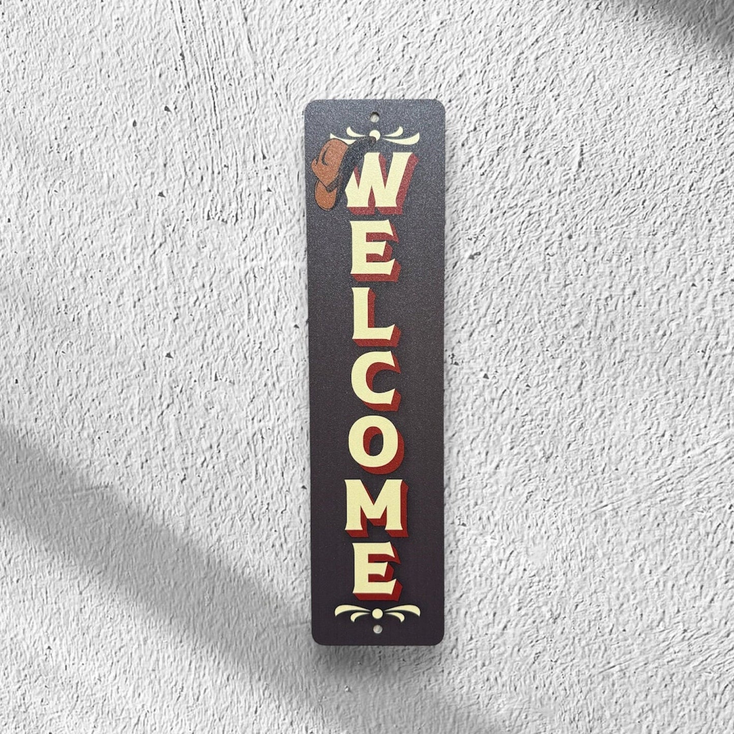 Vertical Western Welcome sign with rustic UV-printed design on powder coated aluminum, handmade USA wall decor for entryway or porch