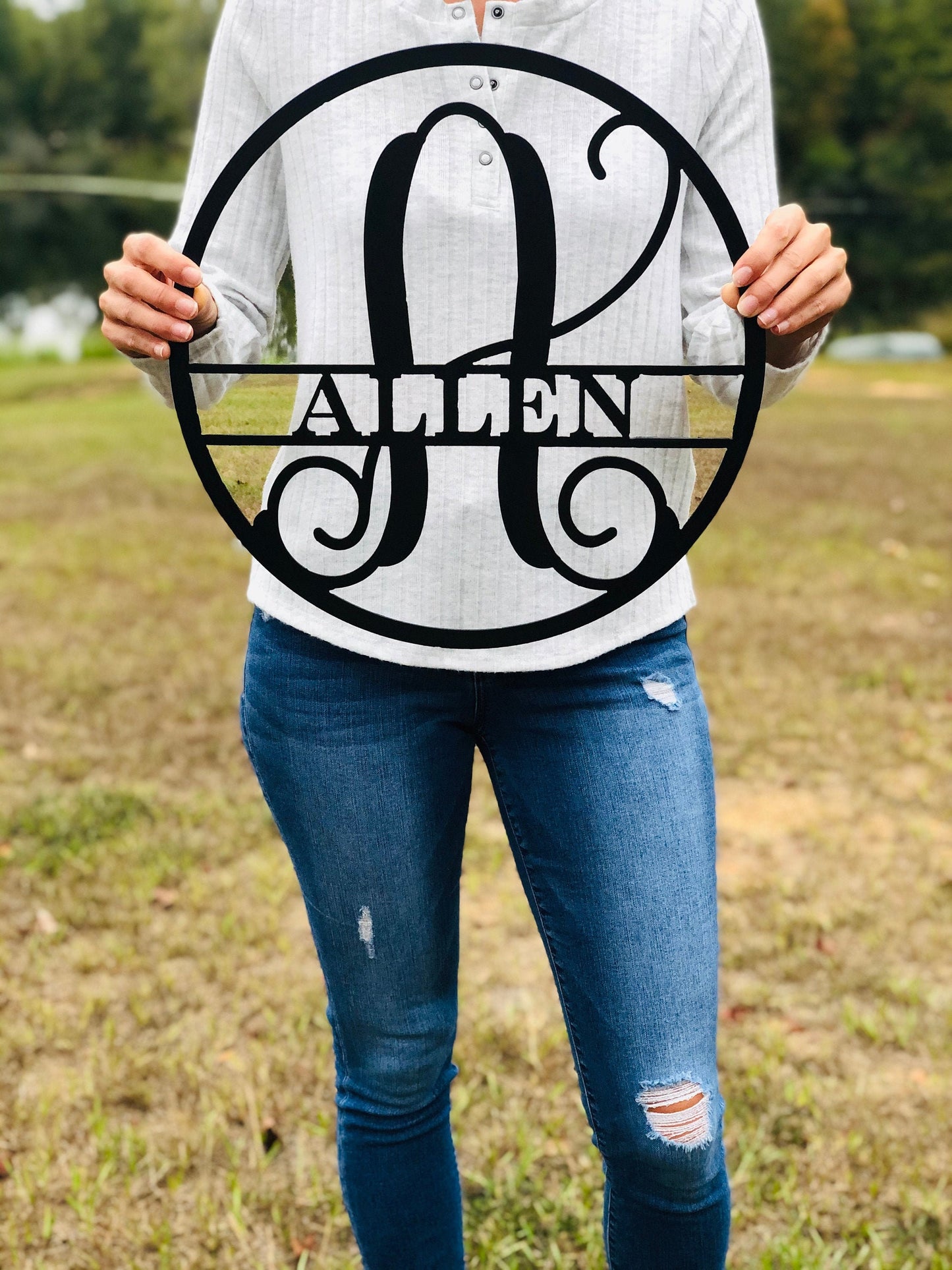 Personalized Vine Monogram Metal Sign with 'ALLEN' and 'R' initial, held outdoors - Custom Metal Wall Art, Home Decor
