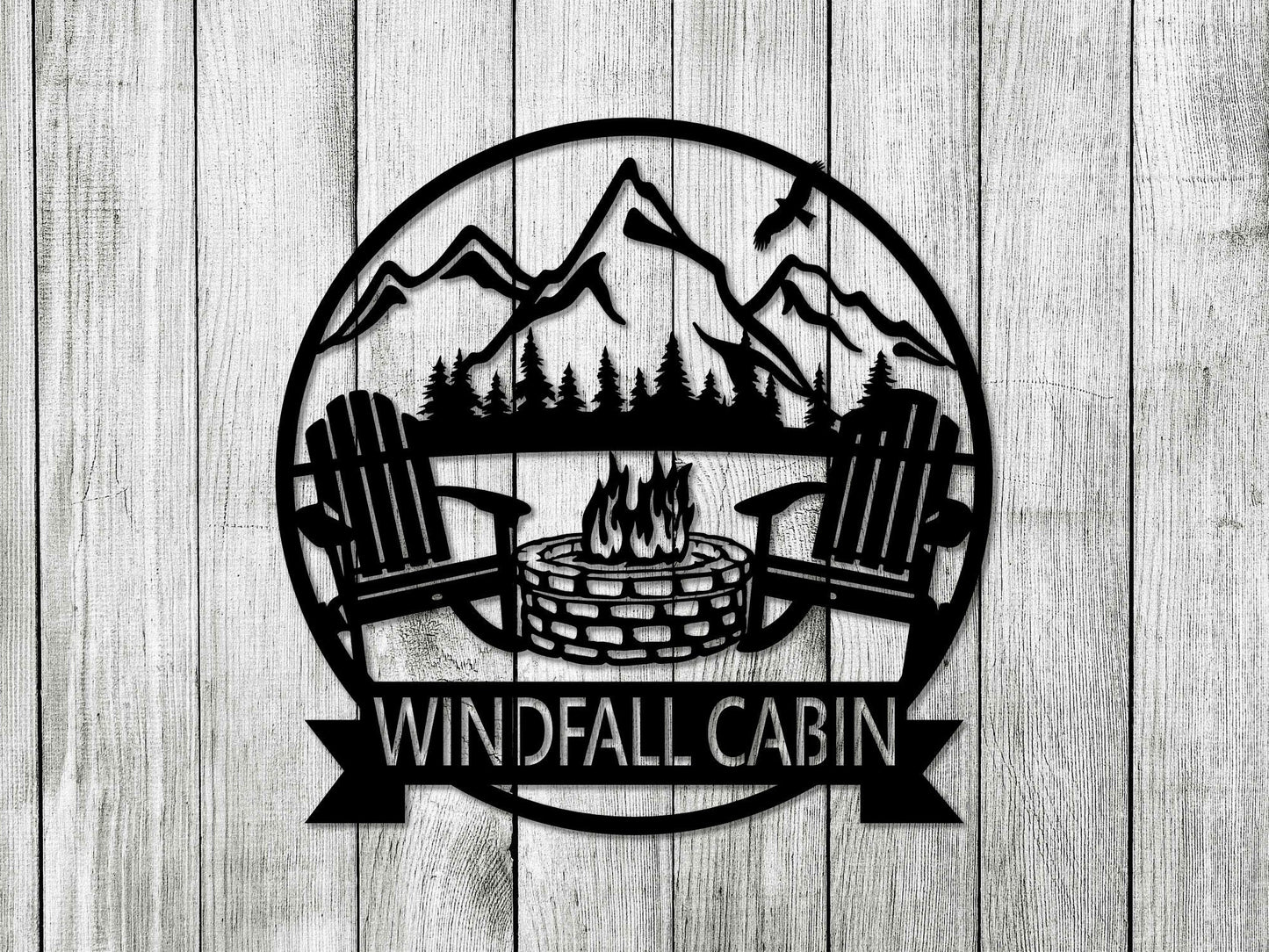 Personalized Mountain Campfire Monogram Metal Sign - Custom Steel Wall Art with Adirondack chairs, fire pit, mountains - Cabin & Wedding Gift