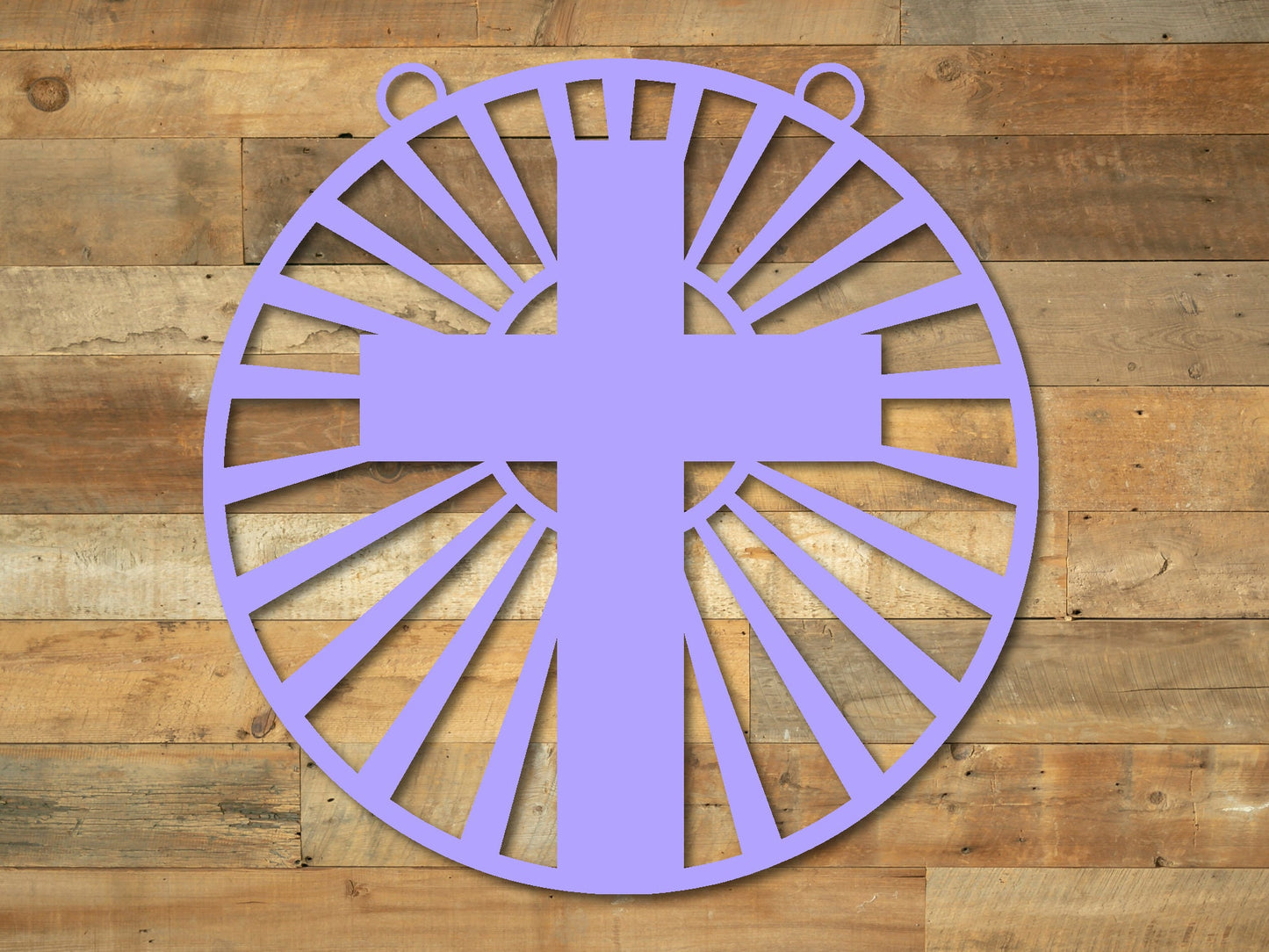 Cross Metal Garden Flag & Mailbox Hanger - Purple design, Easter & Spring Outdoor Decor on wood background.