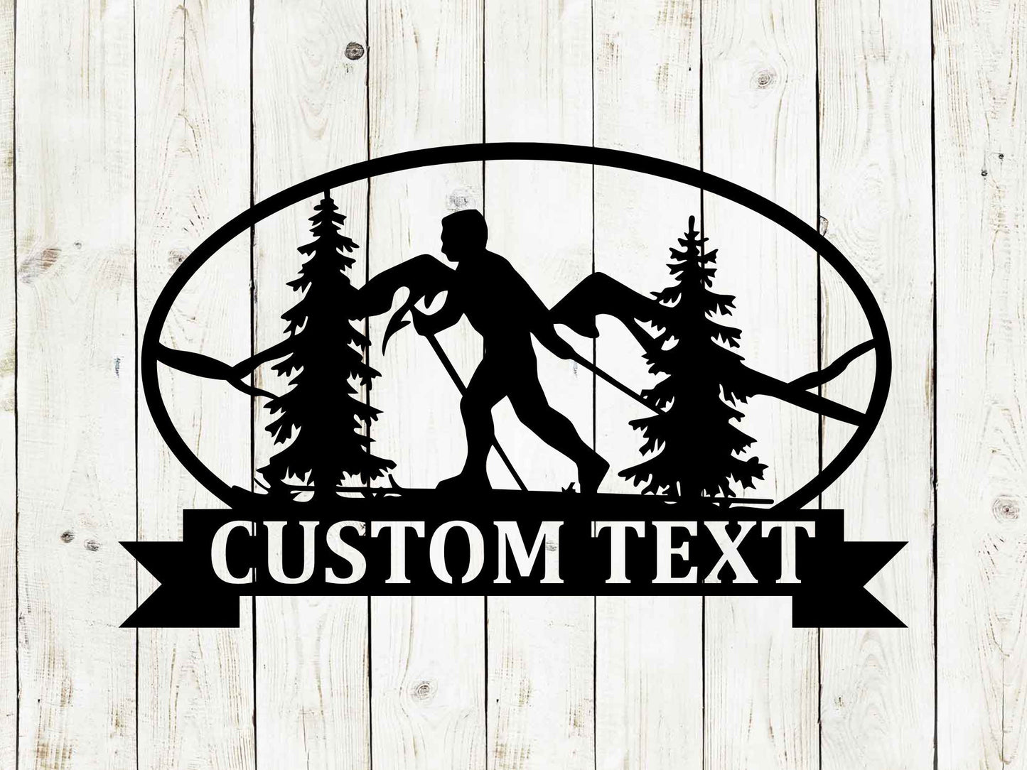 Personalized skiing monogram metal sign featuring a skier between pine trees, with custom text area below, on a white wood background.