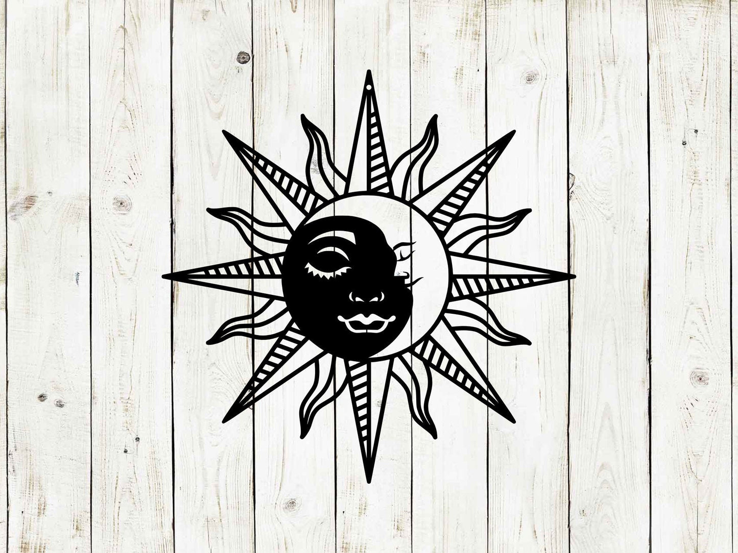 Handmade Sun and Moon Metal Sign - Black design, Celestial Metal Wall Art on white wood background.