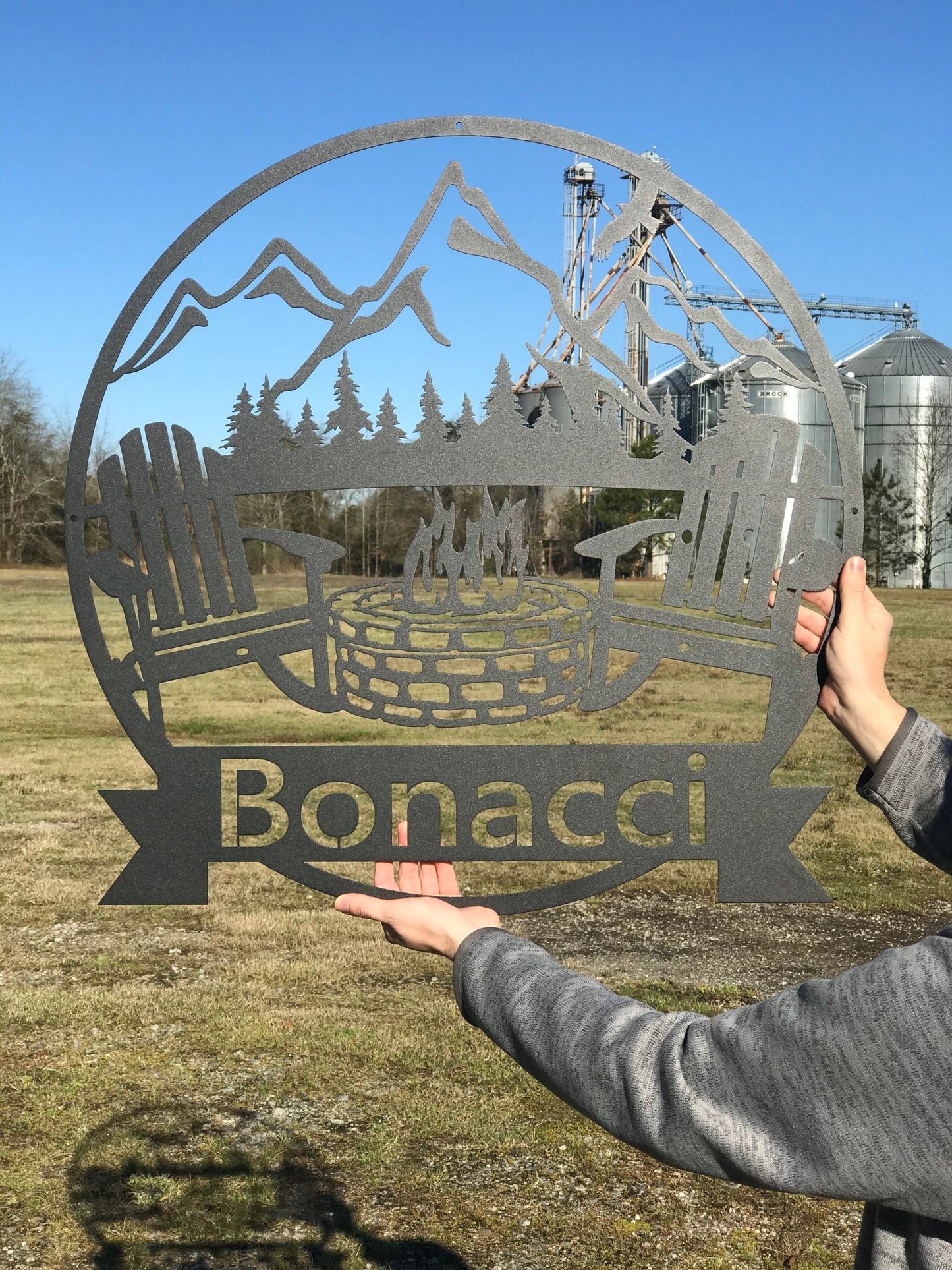 Mountain Campfire Monogram Steel Design, Custom Sign, Monogram Sign, Wedding Gift, Cabin Sign, Mountain Sign, Fathers Day