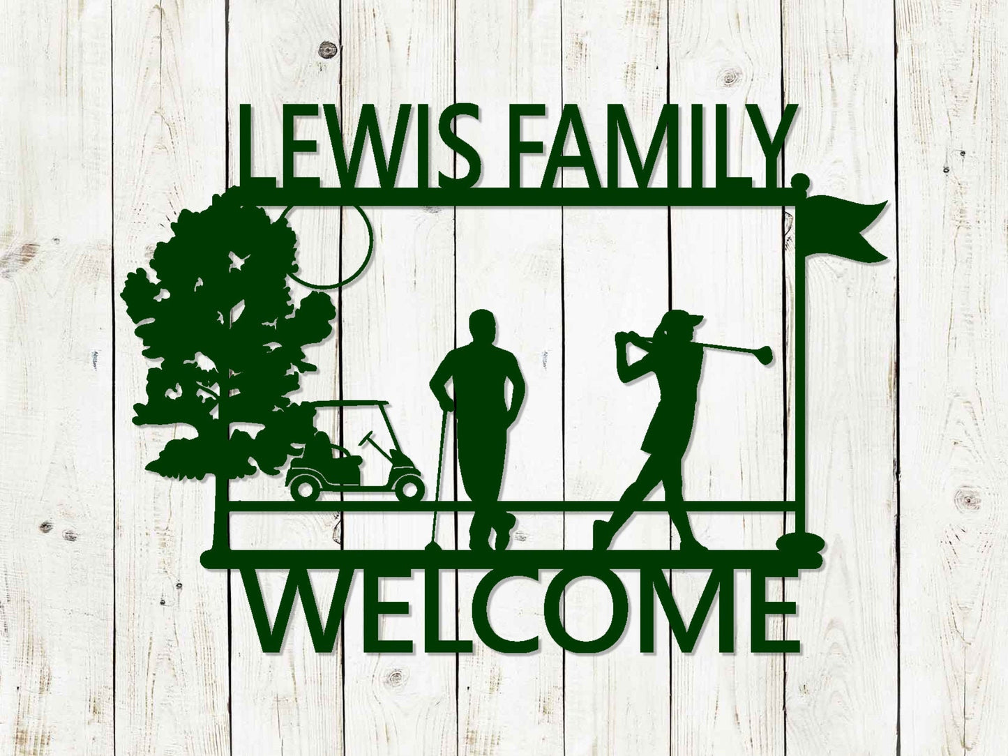 Decorative personalized 'Lewis Family Welcome' golf metal sign with golfer and cart silhouettes on a wooden background - Handmade wall decor.