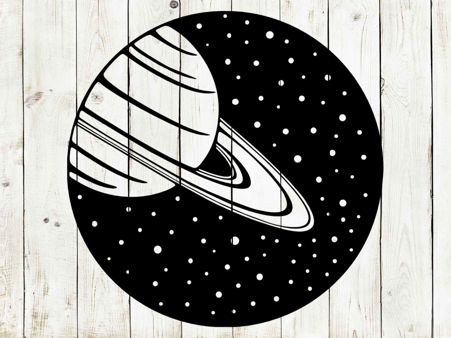 Handmade Saturn Metal Sign - Black and white design, Space Decor Metal Wall Art on light wood background.