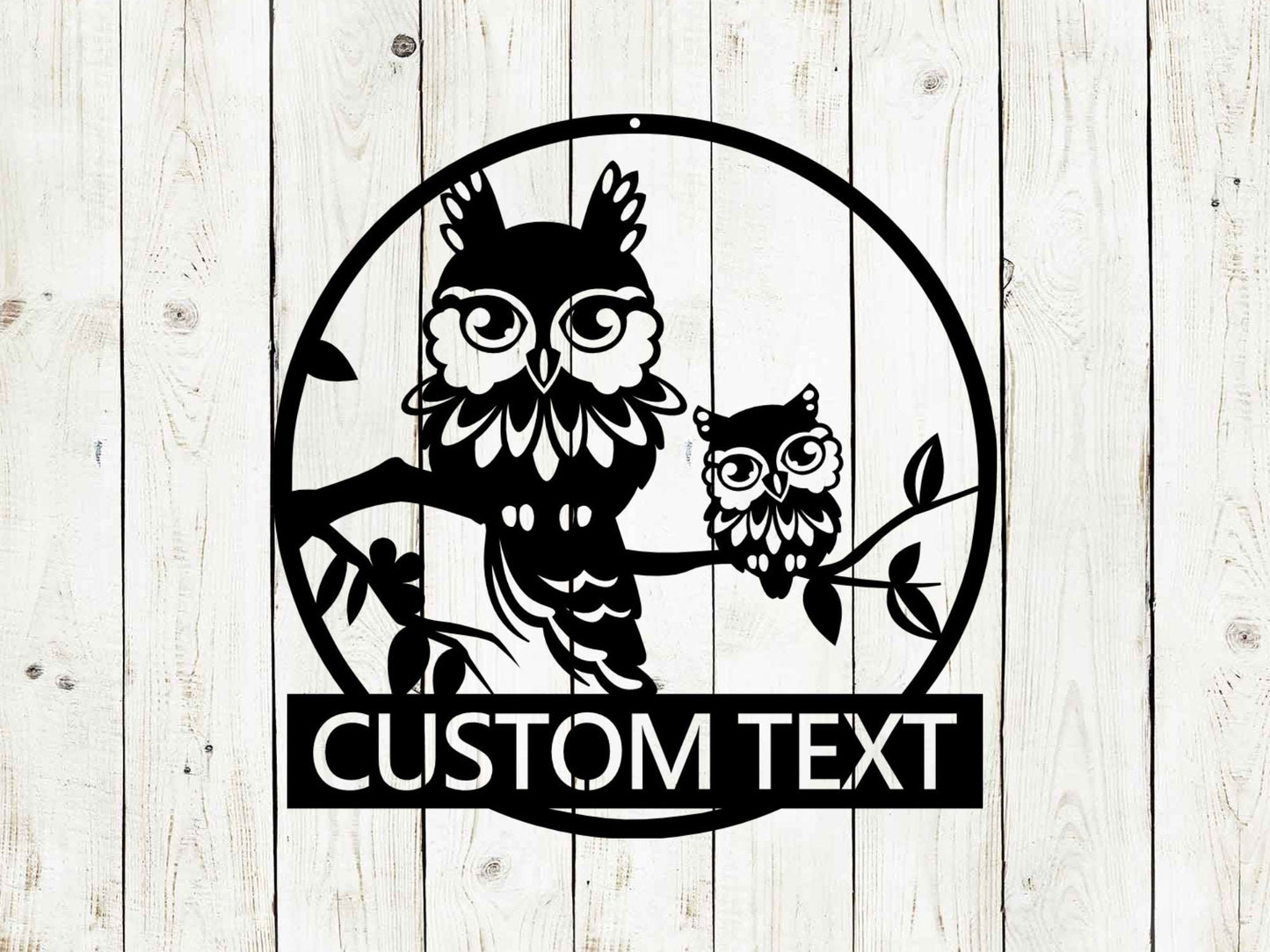 Personalized Owl Custom Name Metal Sign - Decorative Wall Art with two owls on a branch and custom text area, on a wooden background
