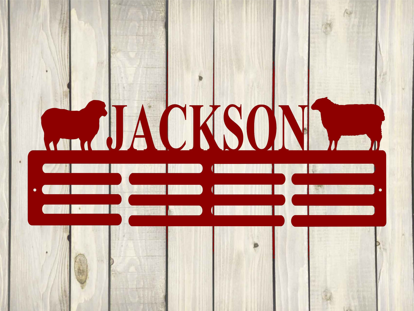 Sheep Custom Name Medal Hanger Monogram - 12 Rungs for medals & Ribbons, Medal Display, Sports Medals, Kids Sports Decor, Livestock Show