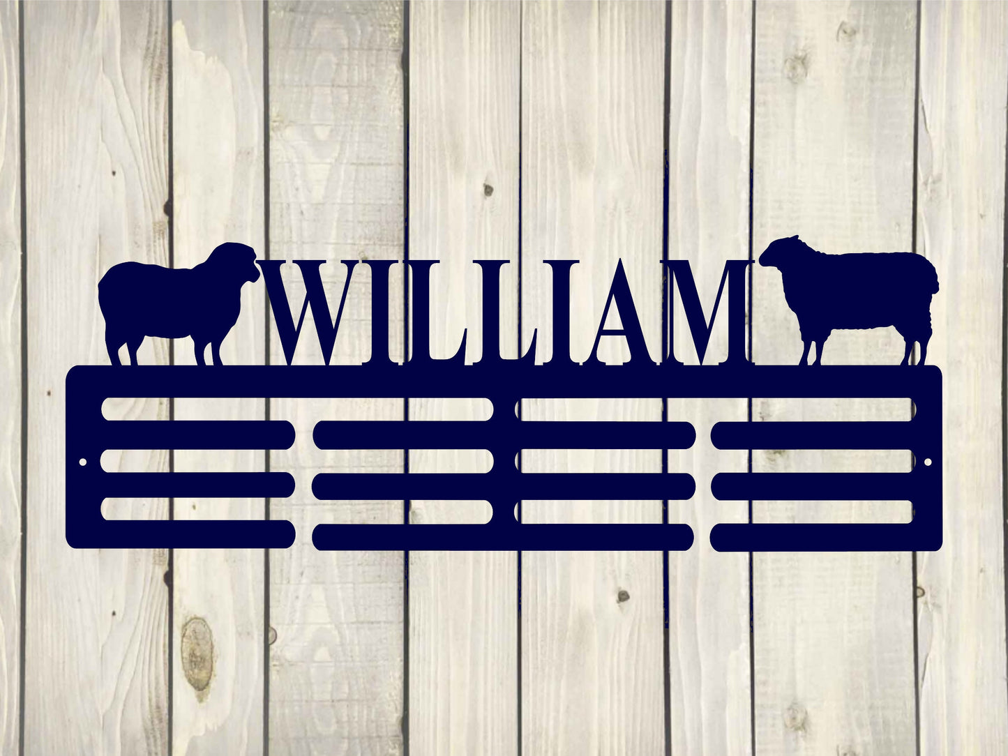 Sheep Custom Name Medal Hanger Monogram - 12 Rungs for medals & Ribbons, Medal Display, Sports Medals, Kids Sports Decor, Livestock Show