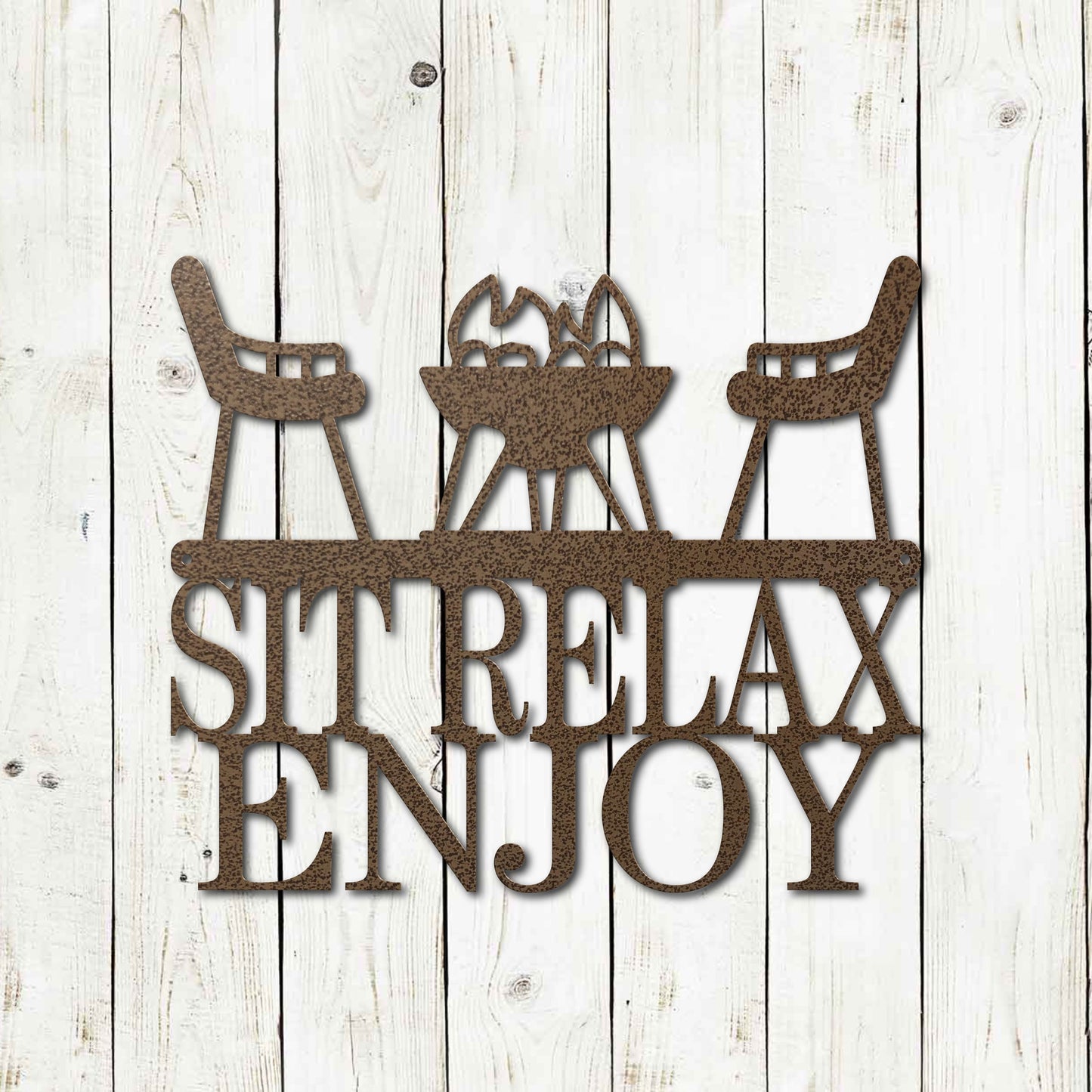 Sit, Relax, Enjoy metal wall sign in 14-gauge powder-coated steel