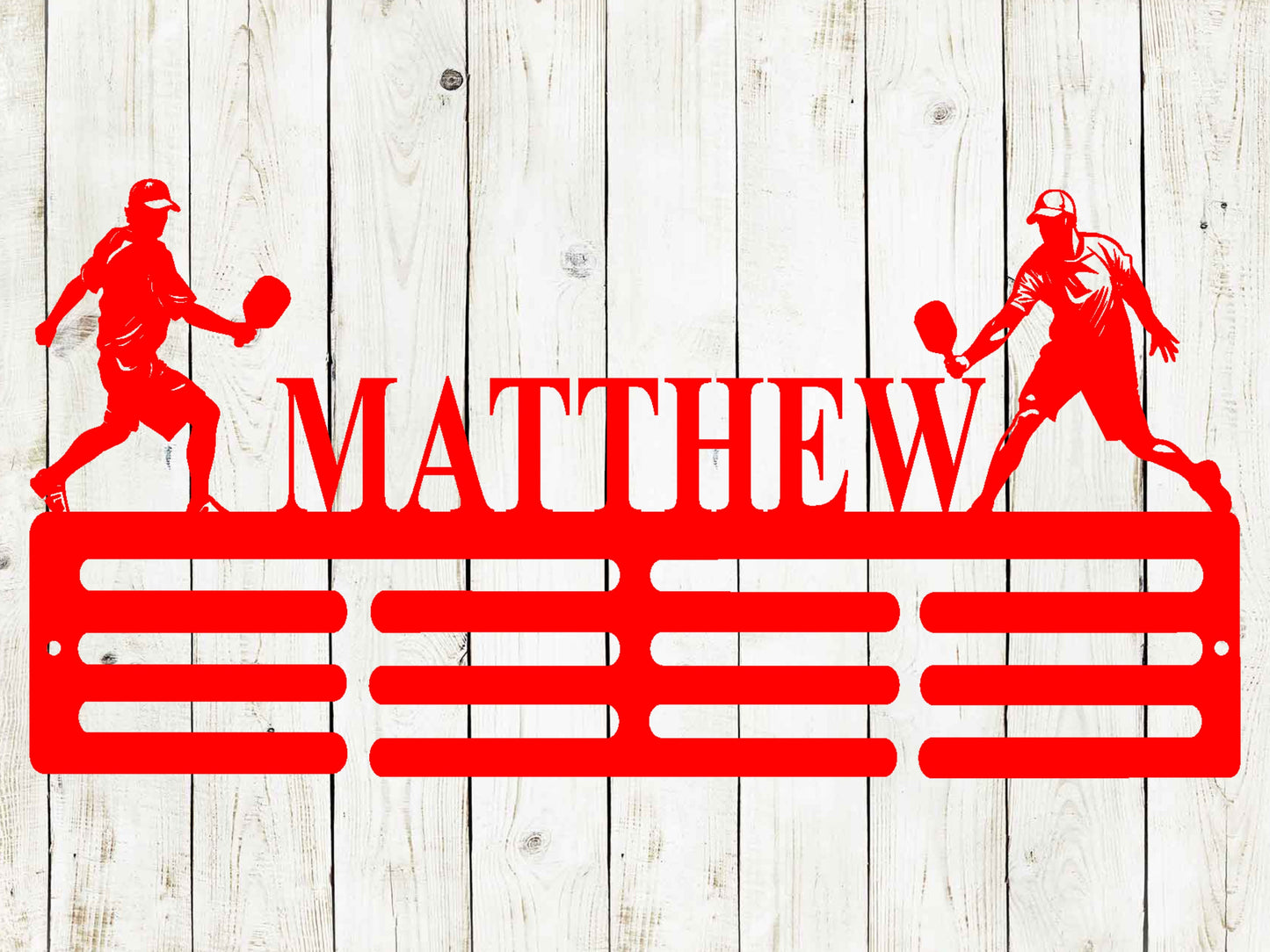 Pickleball Male Custom Name Medal Hanger Monogram - 12 Rungs for medals & Ribbons, Medal Display, Kids Room Sports Decor, Pickleball Medals