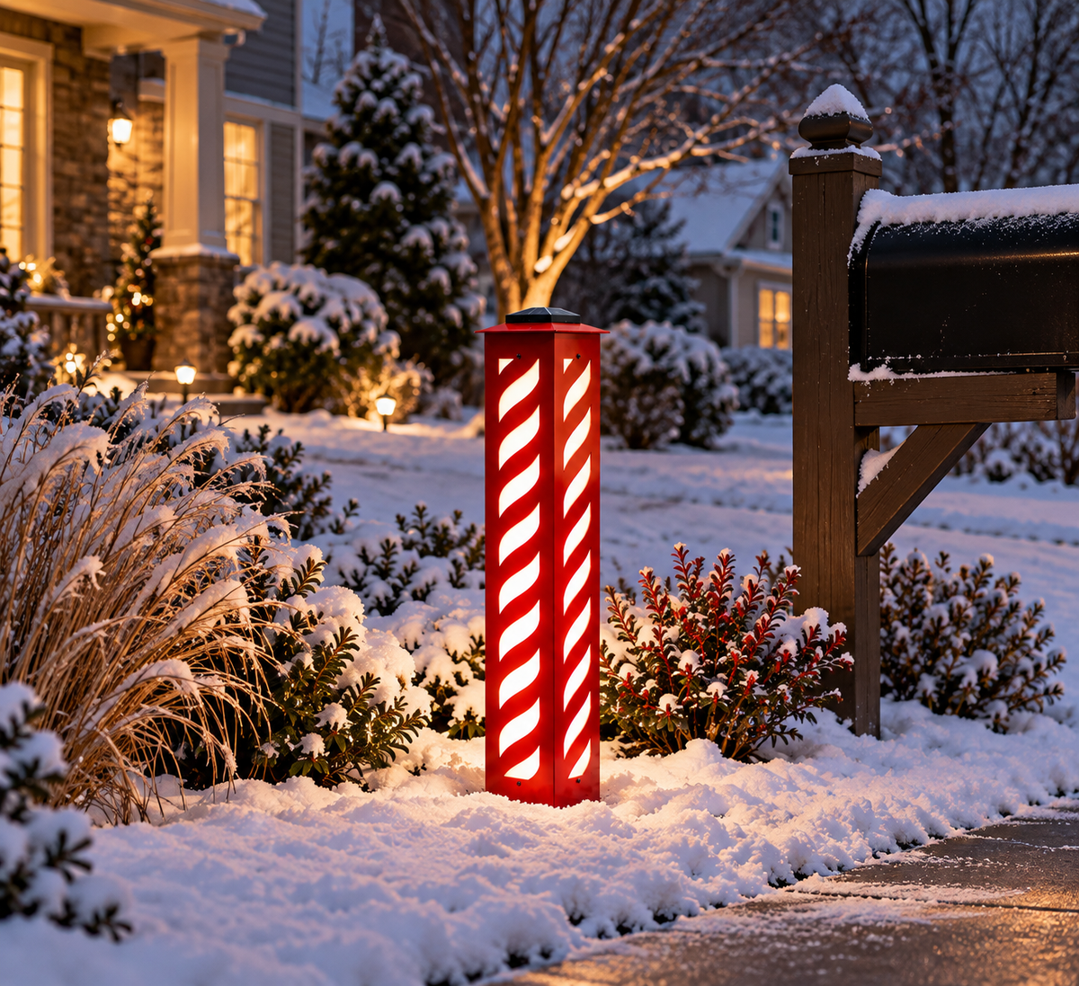 A red outdoor bollard light with white diagonal stripes stands in a snow-covered front yard at dusk, casting a warm glow. A mailbox, house, trees, and landscaping are visible in the background.