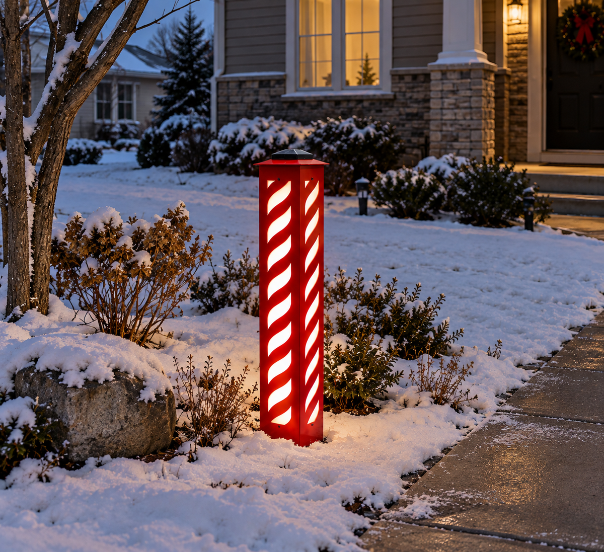 A red metal post outdoor bollard light with diagonal white stripes stands on a snowy front yard beside a walkway, glowing warmly at dusk.