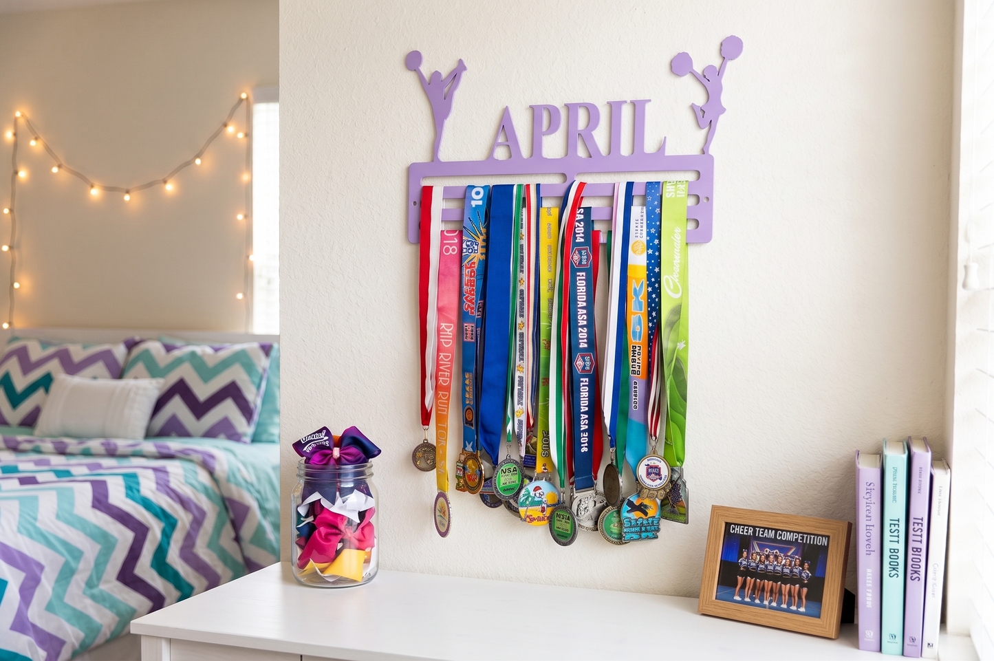 Decorative display with colorful ribbons, a jar of flowers, and books on a shelf. Cheerleader Medal and Award Hanger.  Cheer Award Display