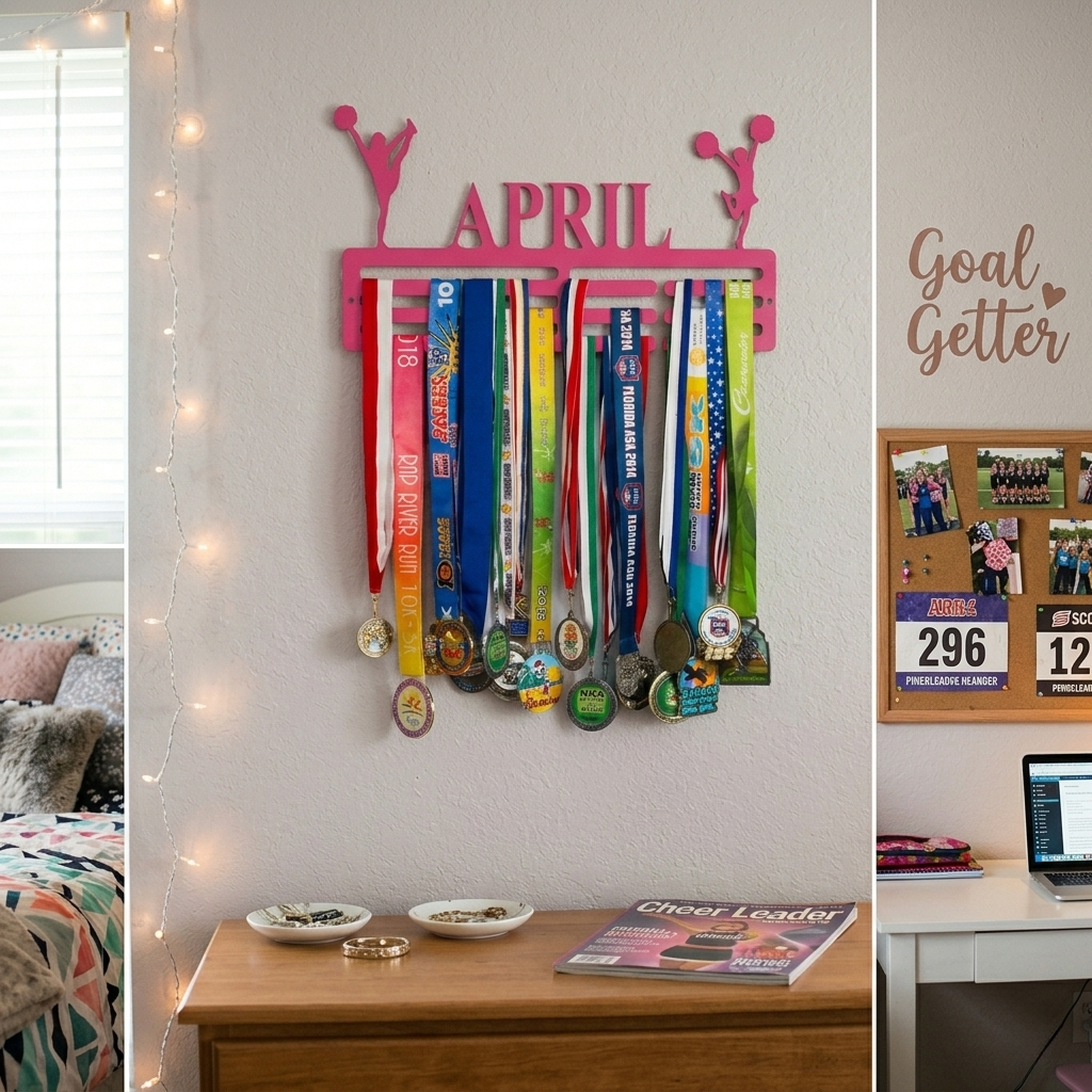 Medal holder with medals hanging on a wall, next to a desk with a laptop and photos. Cheerleader Medal and Award Hanger.  Cheer Award Display