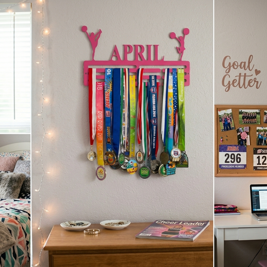 Medal holder with medals hanging on a wall, next to a desk with a laptop and photos. Cheerleader Medal and Award Hanger.  Cheer Award Display