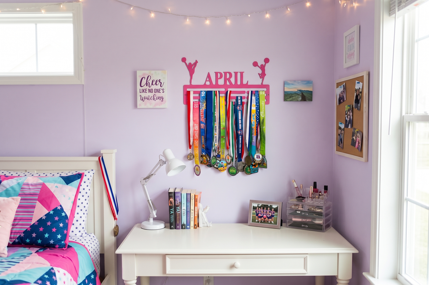 Child's room with a desk, medals on a wall, and decorative elements. Cheerleader Medal and Award Hanger.  Cheer Award Display