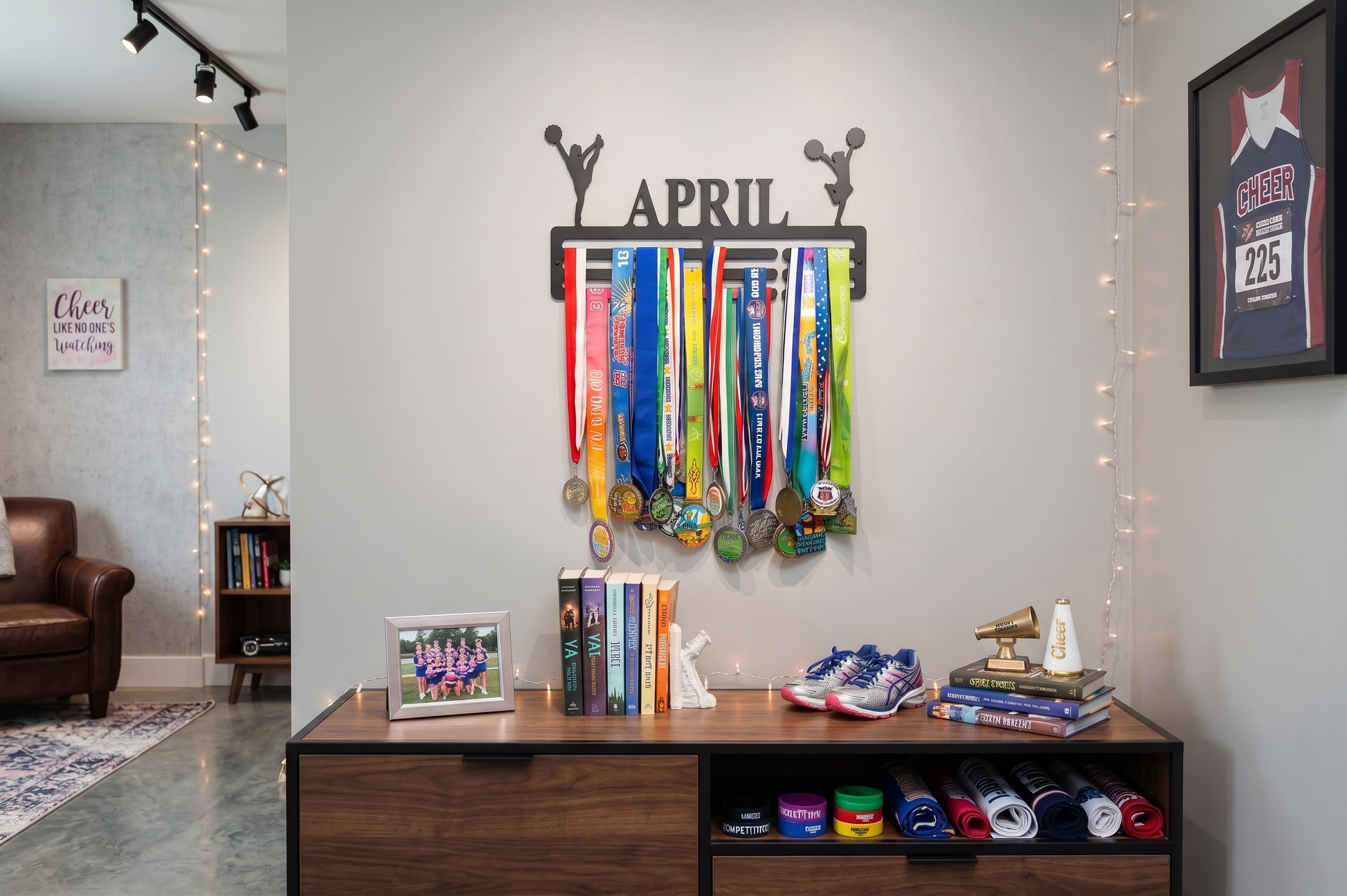 Medal display with 'APRIL' on a wall above a wooden shelf with books and sports equipment. Cheerleader Medal and Award Hanger.  Cheer Award Display