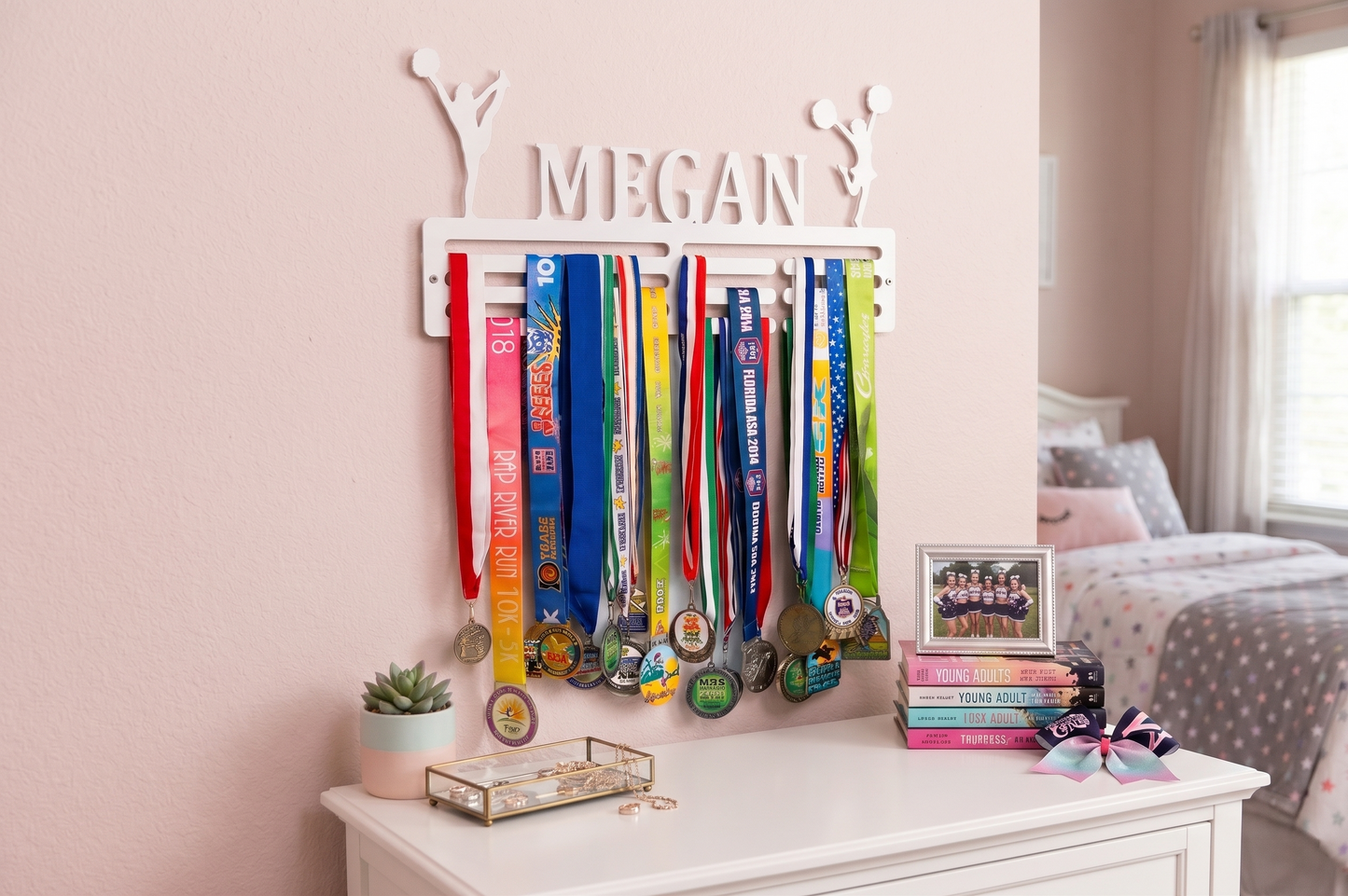 Medal holder with medals on a shelf in a bedroom. Cheerleader Medal and Award Hanger.  Cheer Award Display