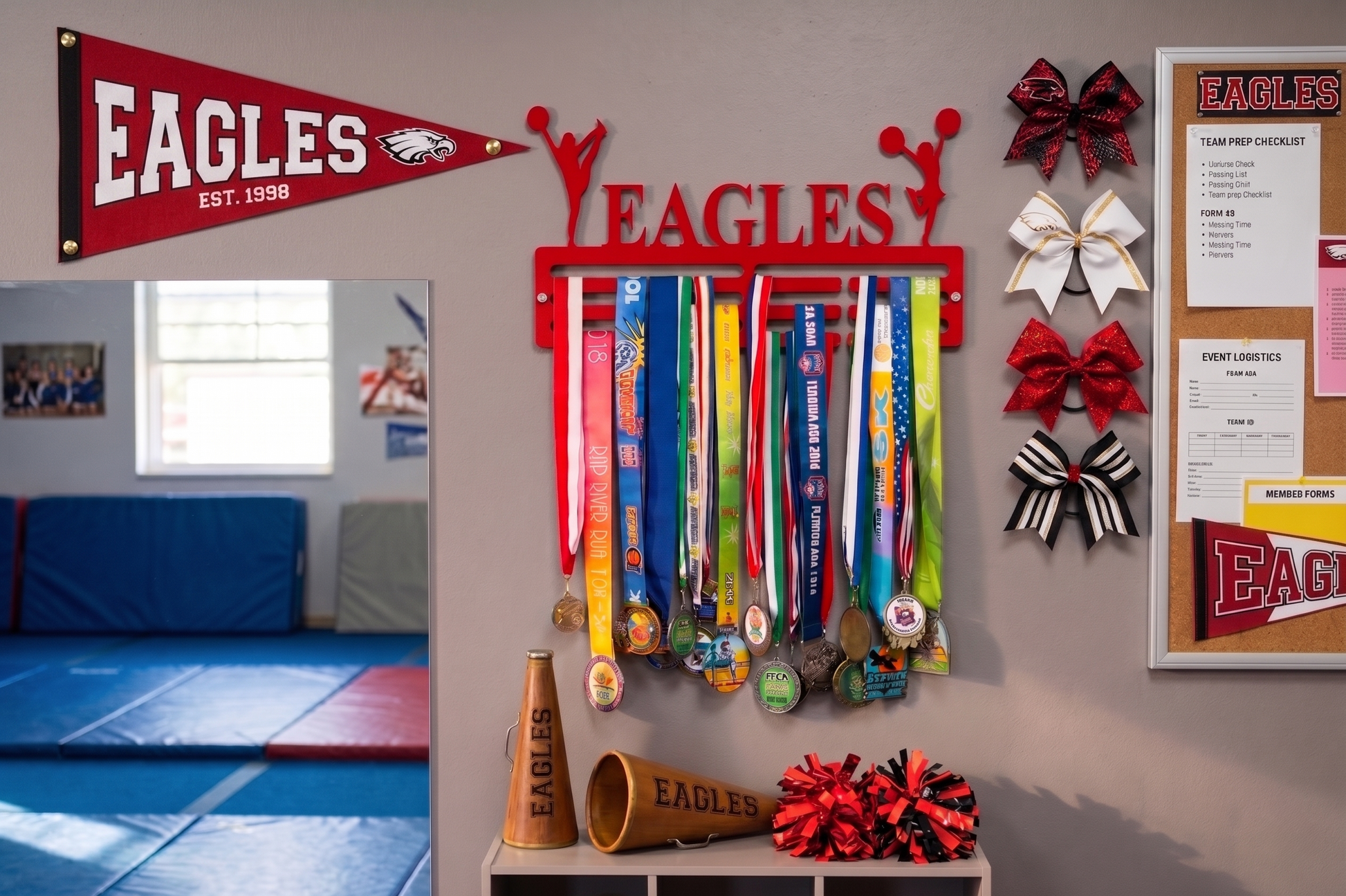 Wall display with 'Eagles' themed items including ribbons, medals, and a banner in a room. Cheerleader Medal and Award Hanger.  Cheer Award Display