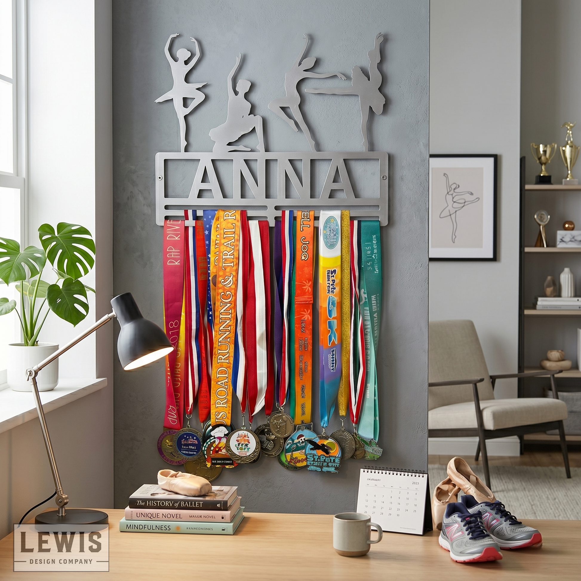 Medal and ribbon holder with ribbons displayed on a wall in a room with books, a lamp, and a plant.
