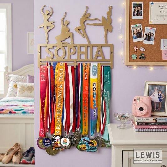 Medal holder with ribbons and medals in a room with a bed, desk, and photos. Dance Awards