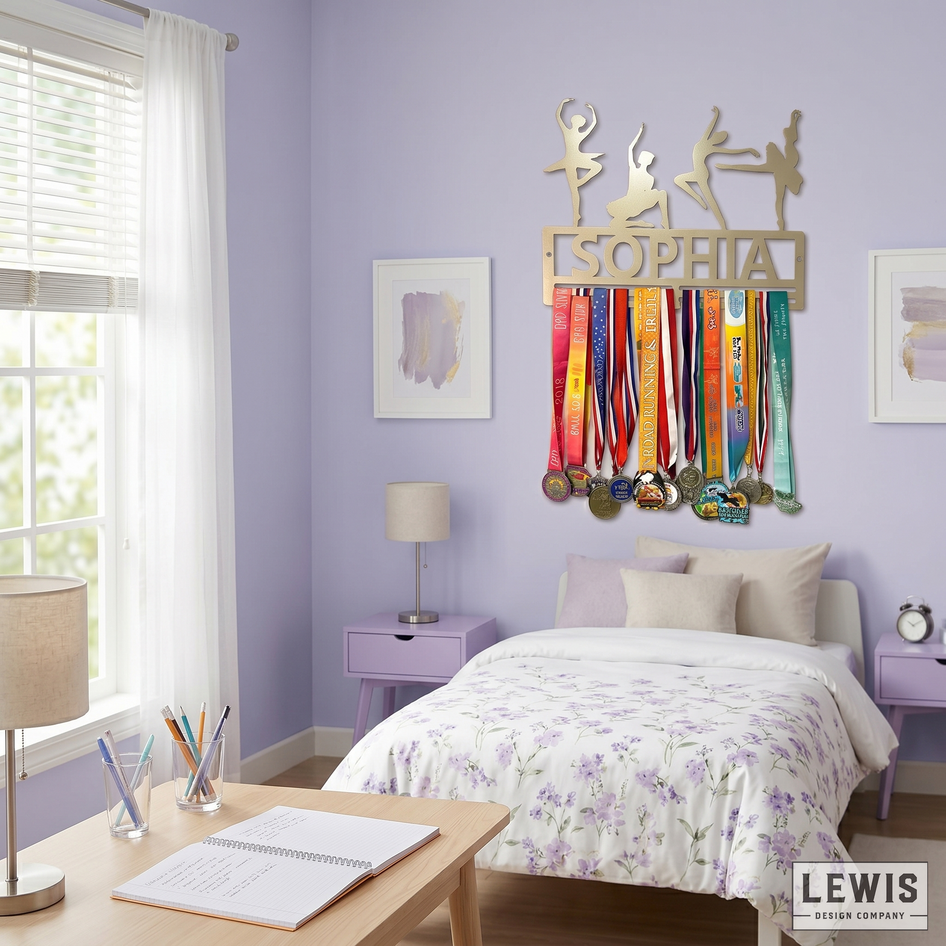 Bedroom with a medal holder on the wall displaying various medals, surrounded by furniture and decor.