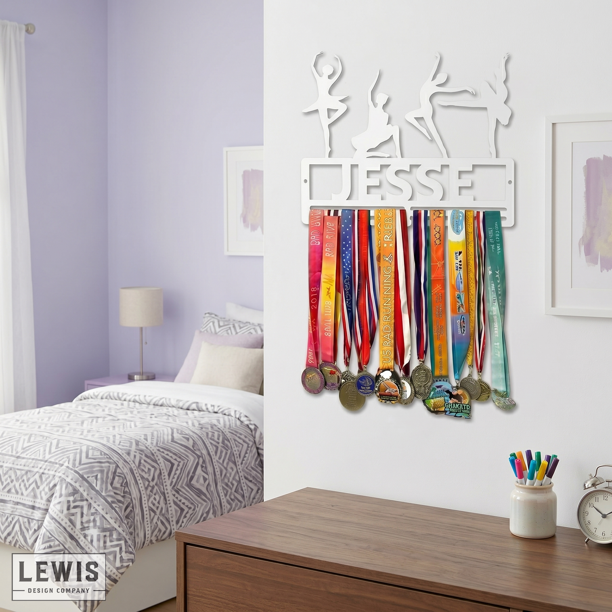 Medal holder with medals on a wall in a bedroom setting. Dance Medals and Awards