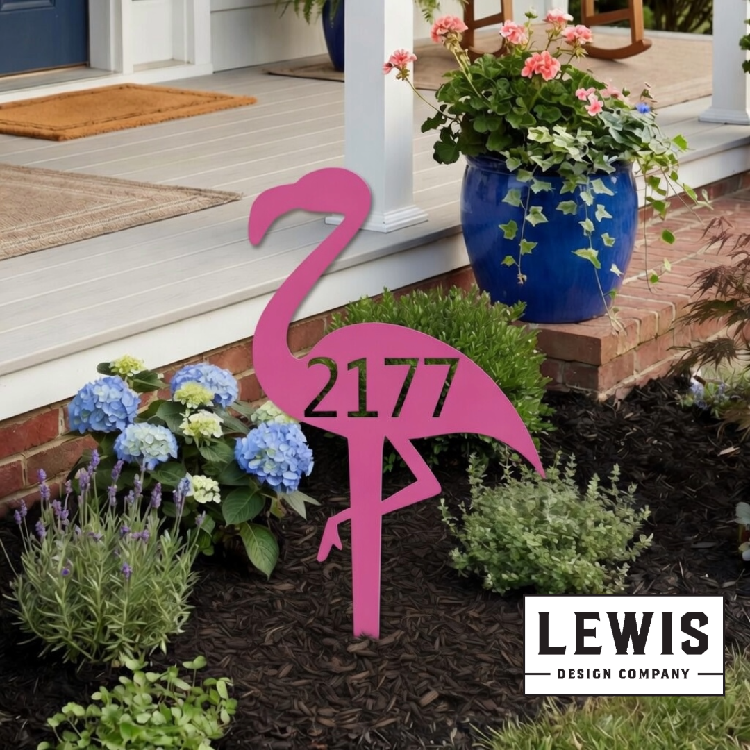 Flamingo custom address sign made from powder-coated metal