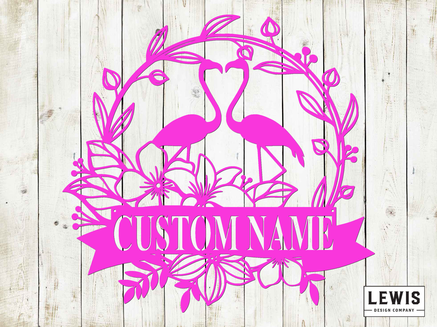 Pink flamingo design with 'CUSTOM NAME' text on a wooden background, featuring the Lewis Design Company logo.
