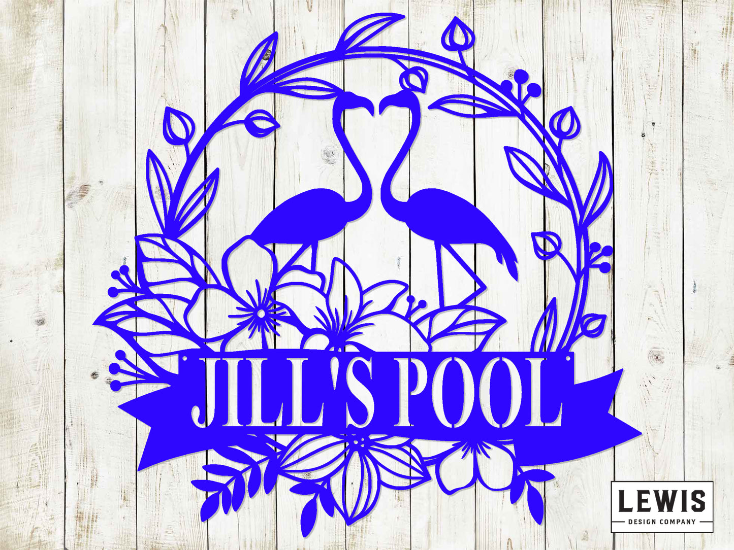 Decorative design with flamingos and floral elements on a wooden background, featuring the text 'JILL'S POOL' and 'LEWIS Design Company'.