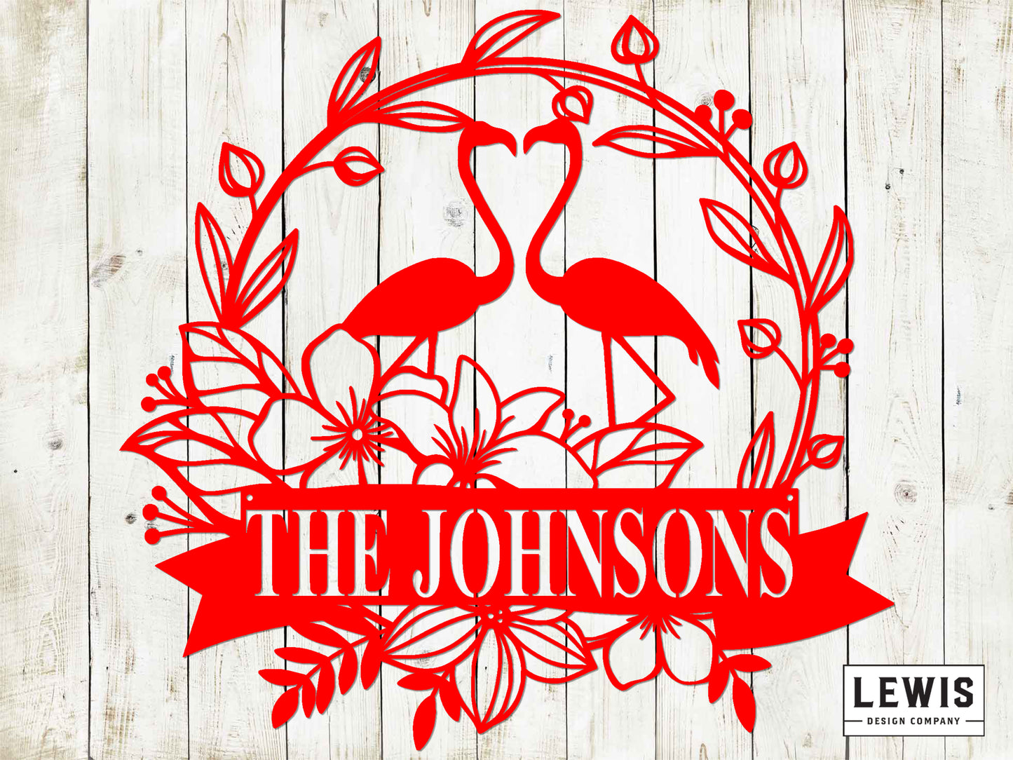 Decorative design with flamingos and floral elements on a wooden background, featuring 'The Johnsons' text.