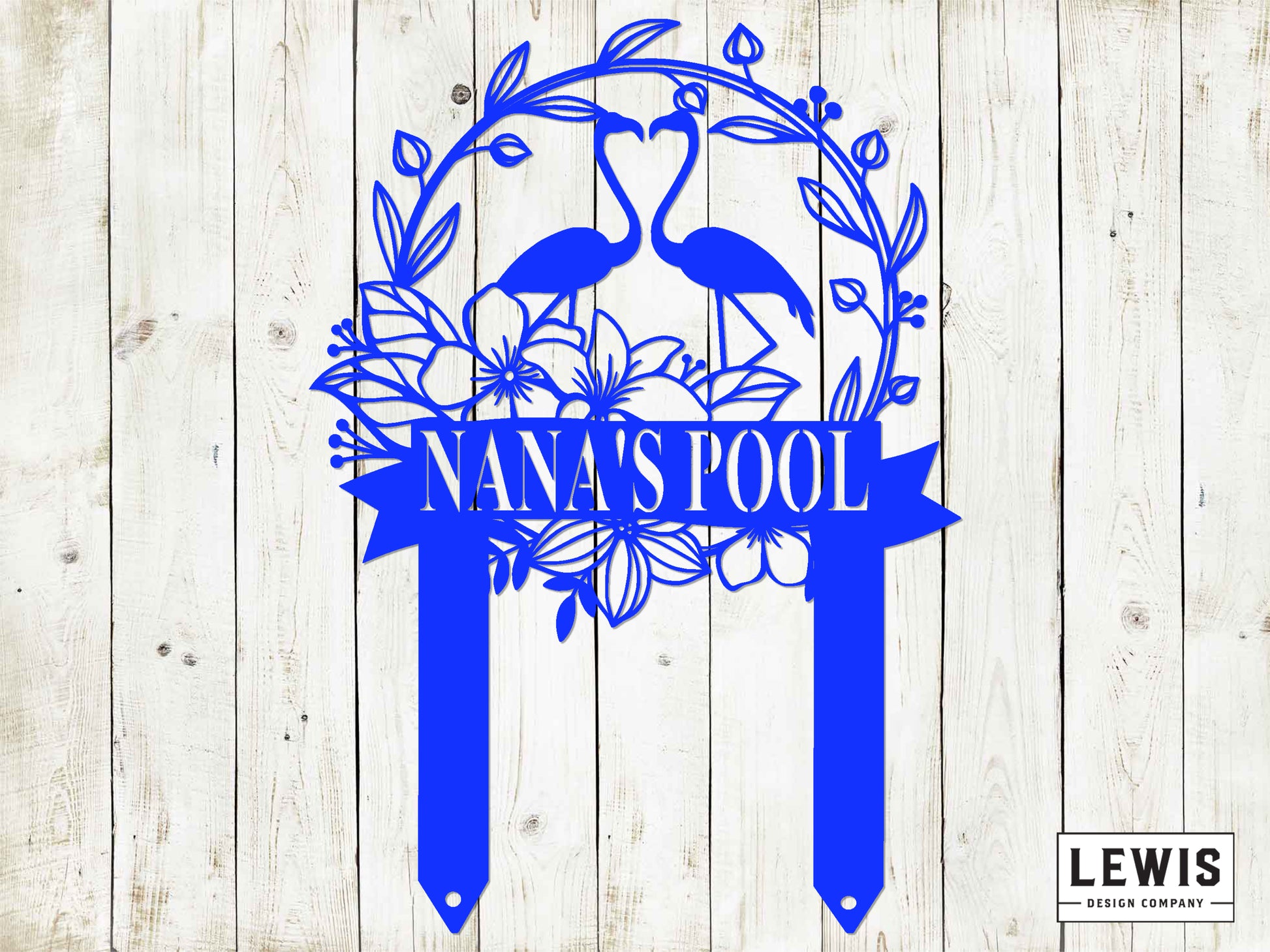 Blue decorative sign with 'Nana's Pool' on a wooden background, featuring the Lewis Design Company logo.