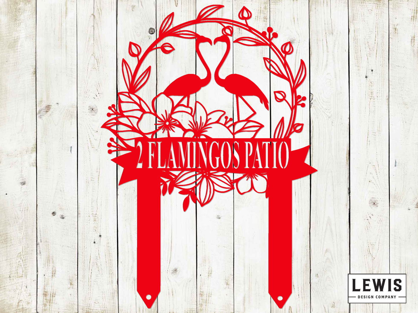 Red '2 Flamingos Patio' design on a wooden background with 'LEWIS Design Company' branding.
