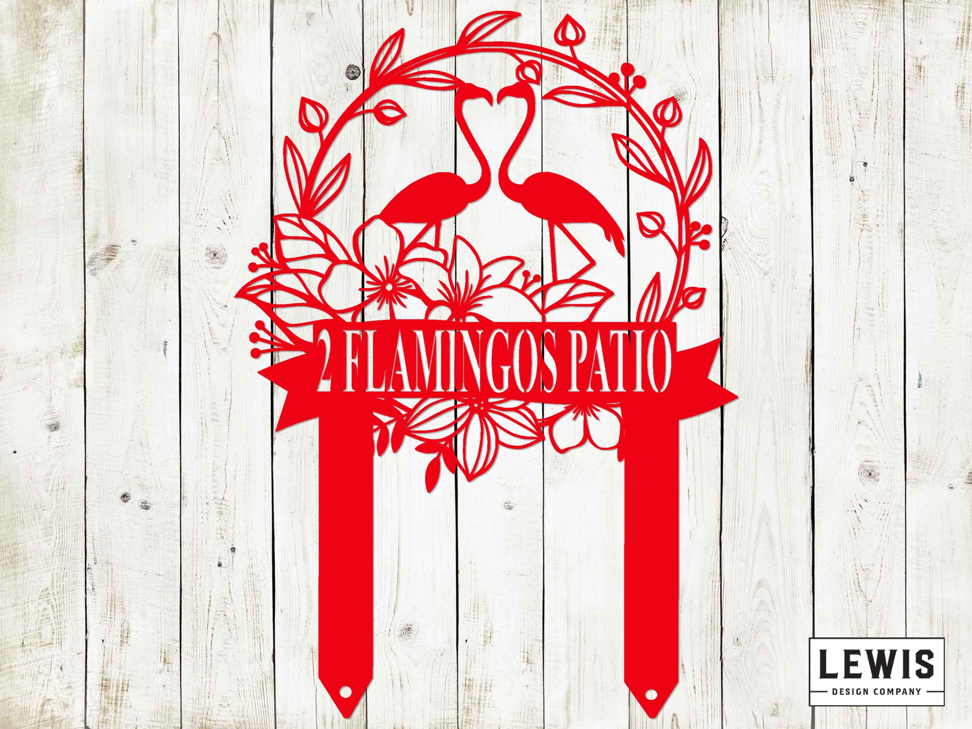 Red '2 Flamingos Patio' design on a wooden background with 'LEWIS Design Company' branding.