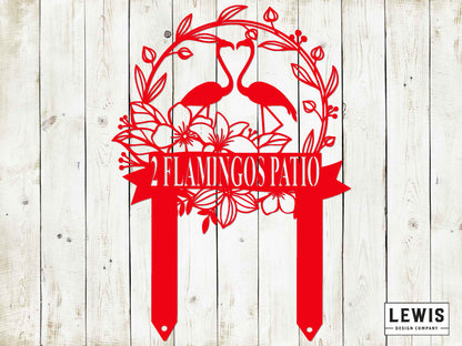 Red '2 Flamingos Patio' design on a wooden background with 'LEWIS Design Company' branding.