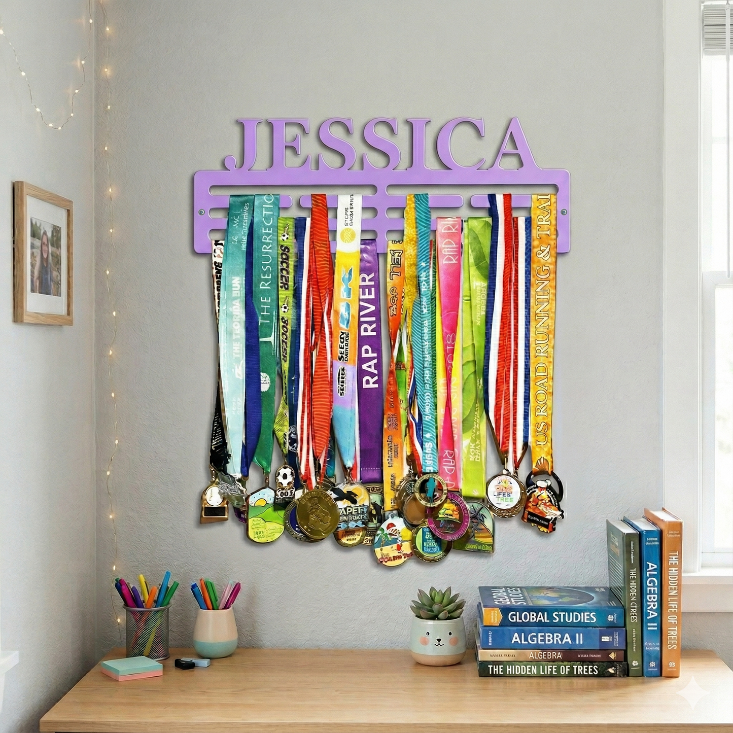 Custom name metal medal hanger in 14-gauge powder-coated steel