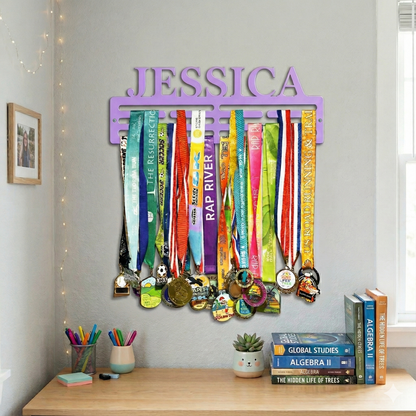 Custom name metal medal hanger in 14-gauge powder-coated steel