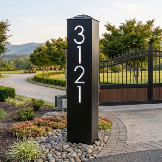 House number sign '3121' on a black post in front of a driveway and gate.