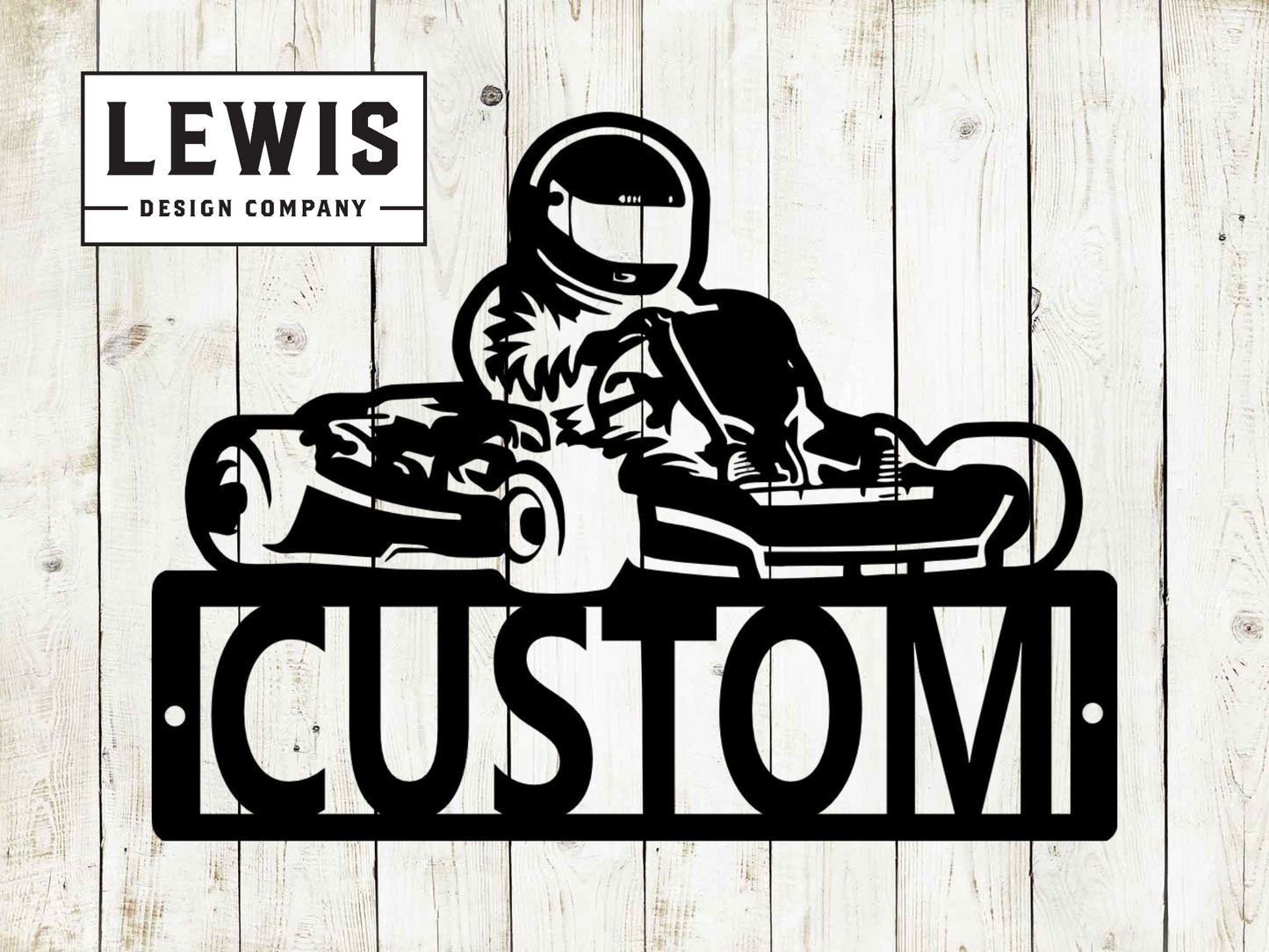 Personalized go kart metal sign with custom name displayed in a home garage