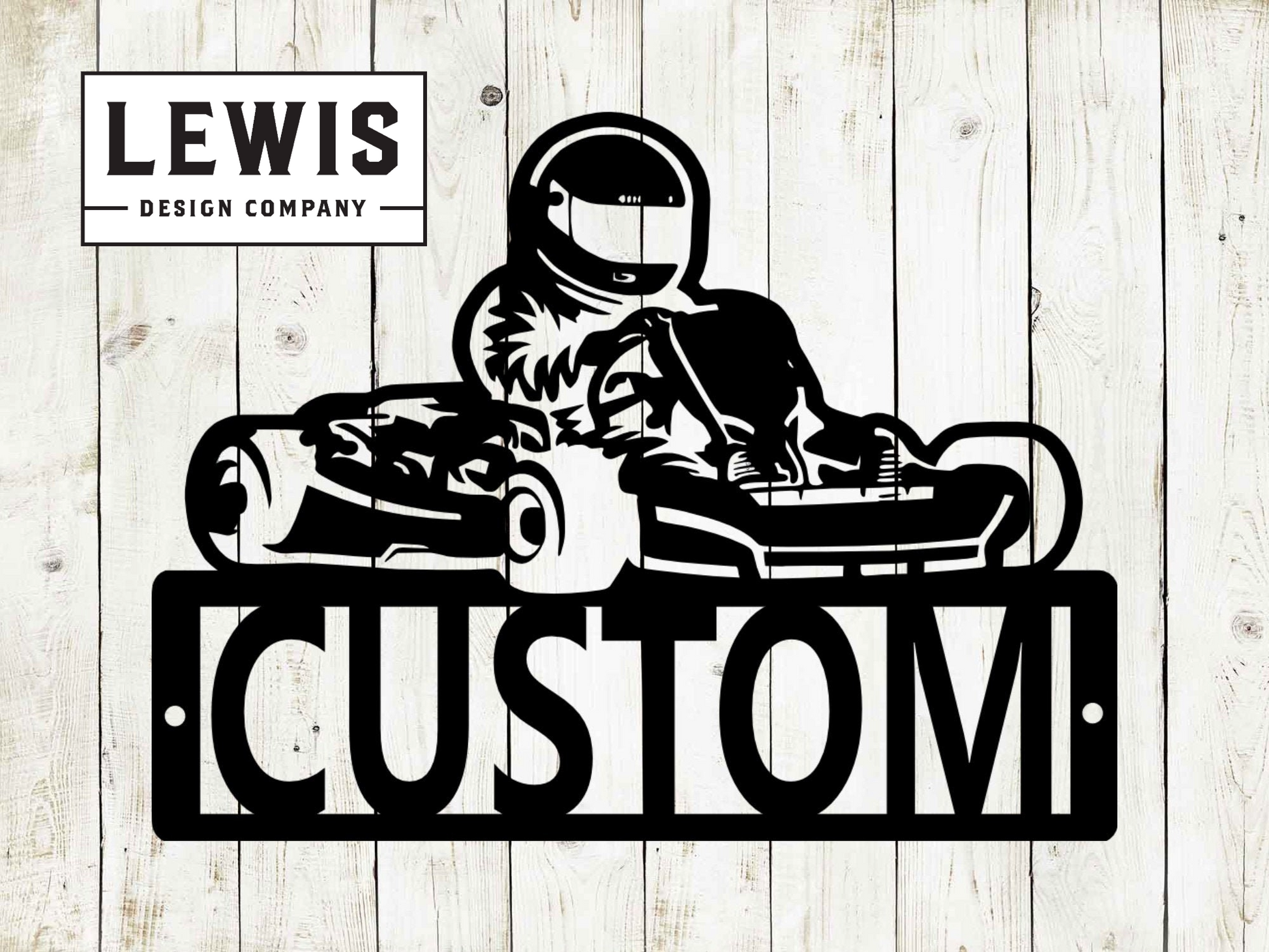 Personalized go kart metal sign with custom name displayed in a home garage
