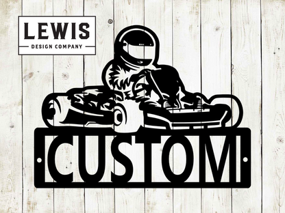 Personalized go kart metal sign with custom name displayed in a home garage