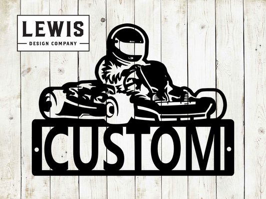 Personalized go kart metal sign with custom name displayed in a home garage