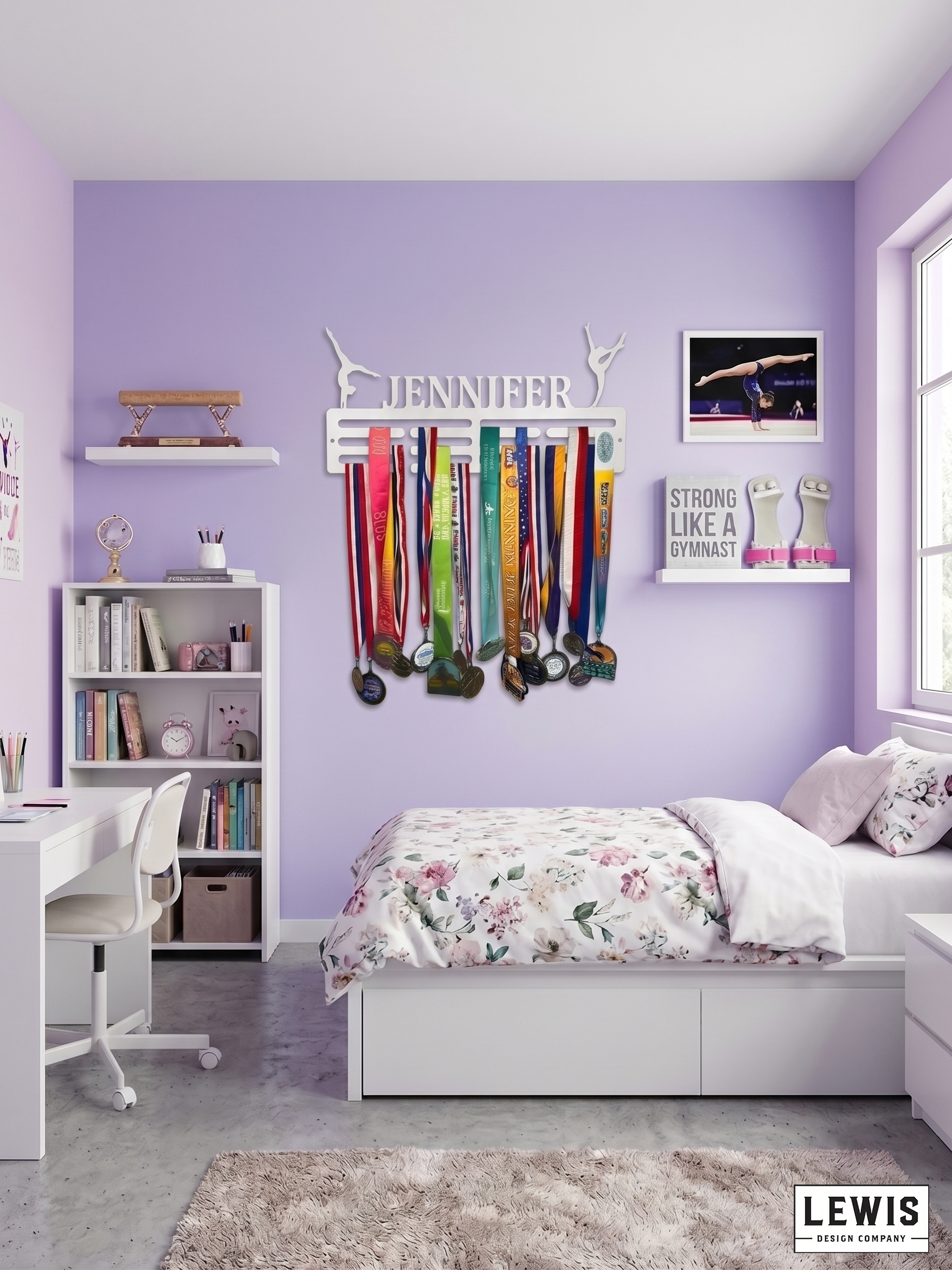 Room interior with a medal holder on a purple wall, bed, and shelves. Gymnastics Medal Hanger