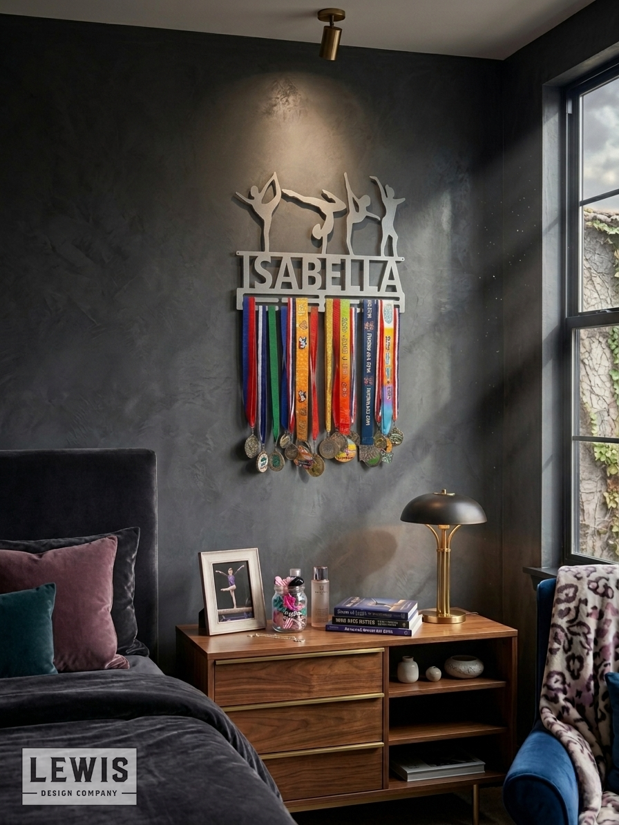 Medal holder with medals on a wall in a bedroom setting