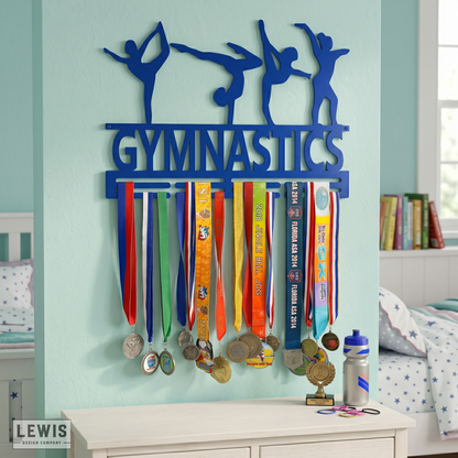 Gymnastics medal holder with medals and trophies on a wall in a bedroom.