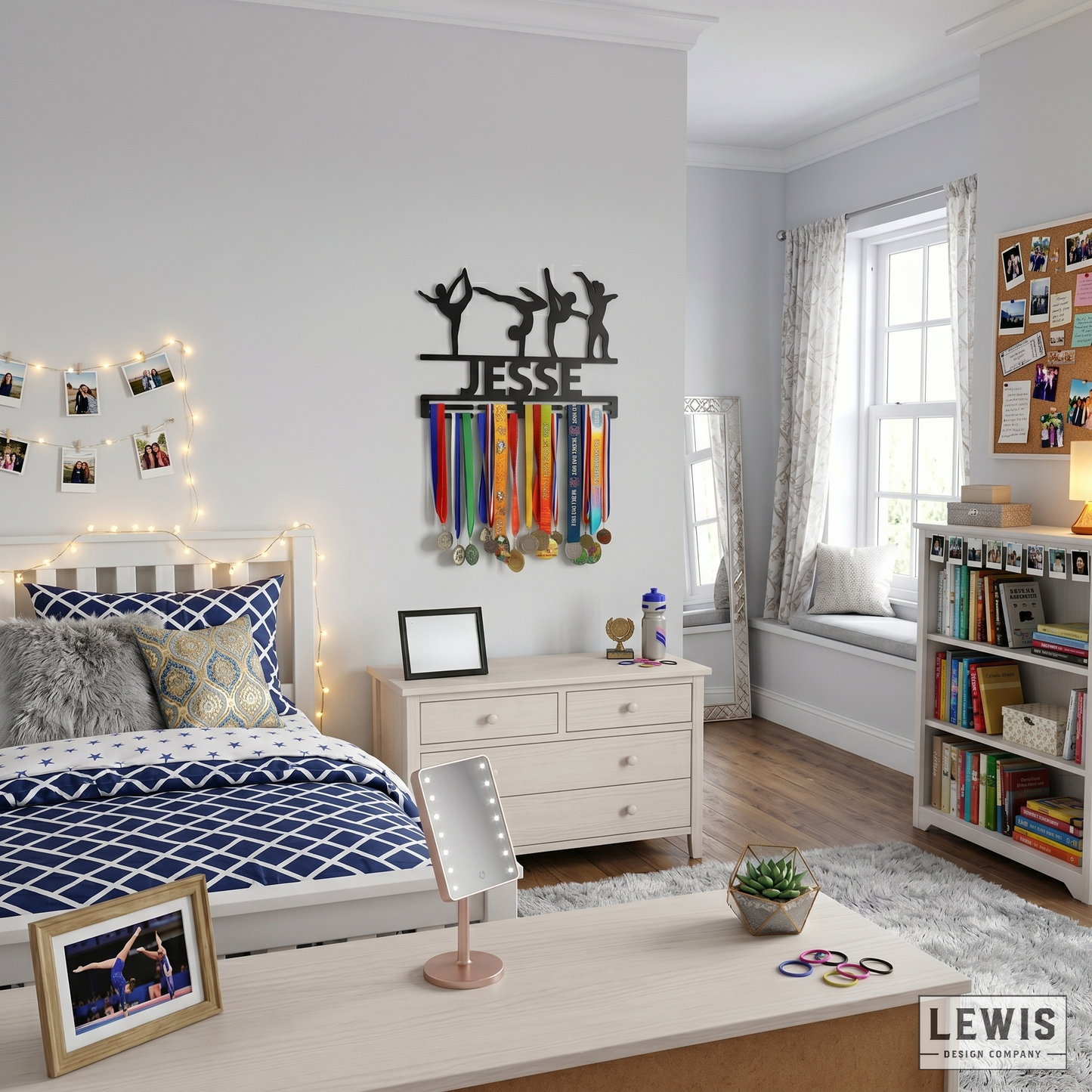 Bedroom with medal display, bed, nightstand, and bookshelf.